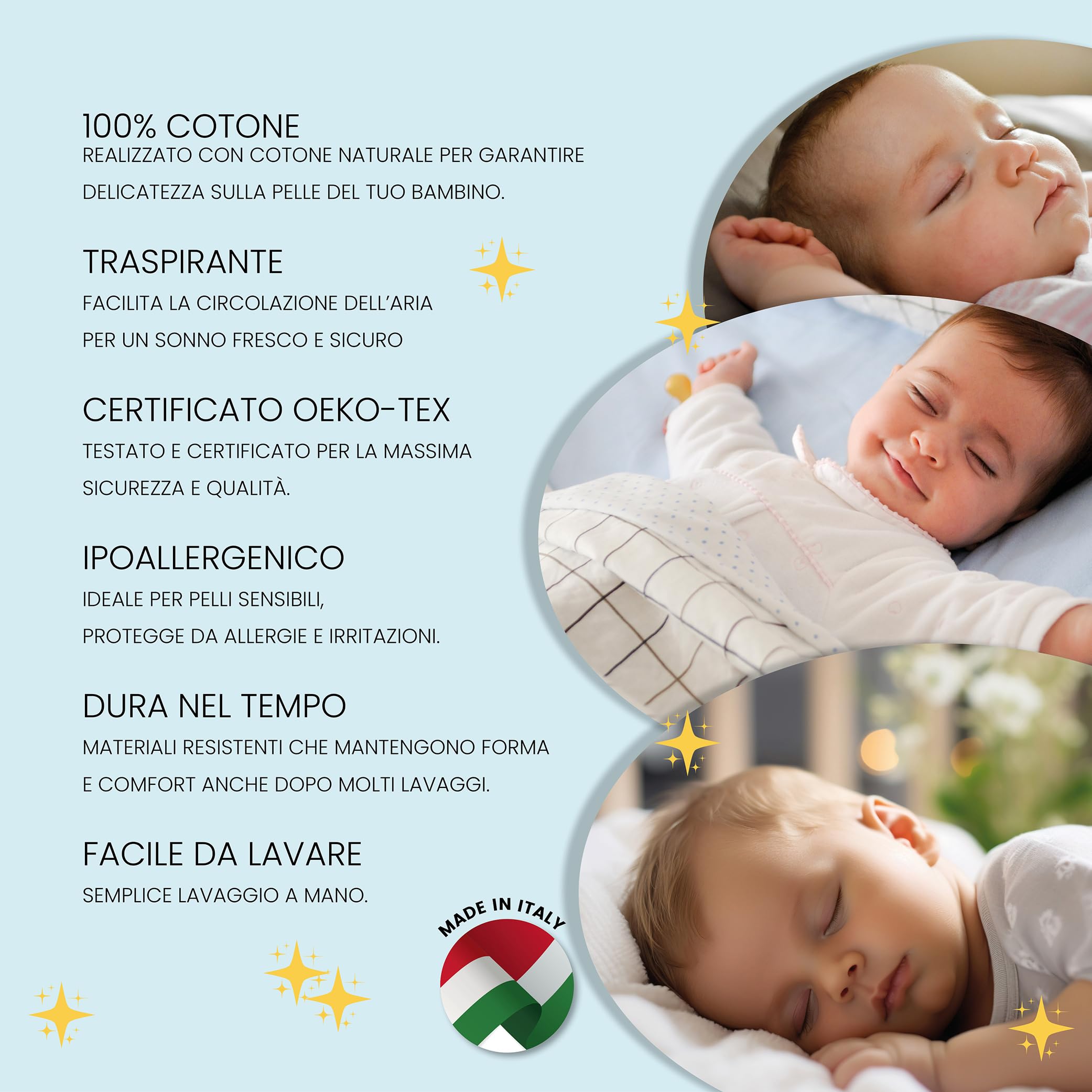 BABY WOLFY-Cuscino Lettino Bambino 40x60cm certificato OEKO-TEX® 1 2 3 4 anni 100% Cotone Antiacaro Anallergico Traspirante Morbido per Letto Culla Passeggino Asilo Nido Made in Italy