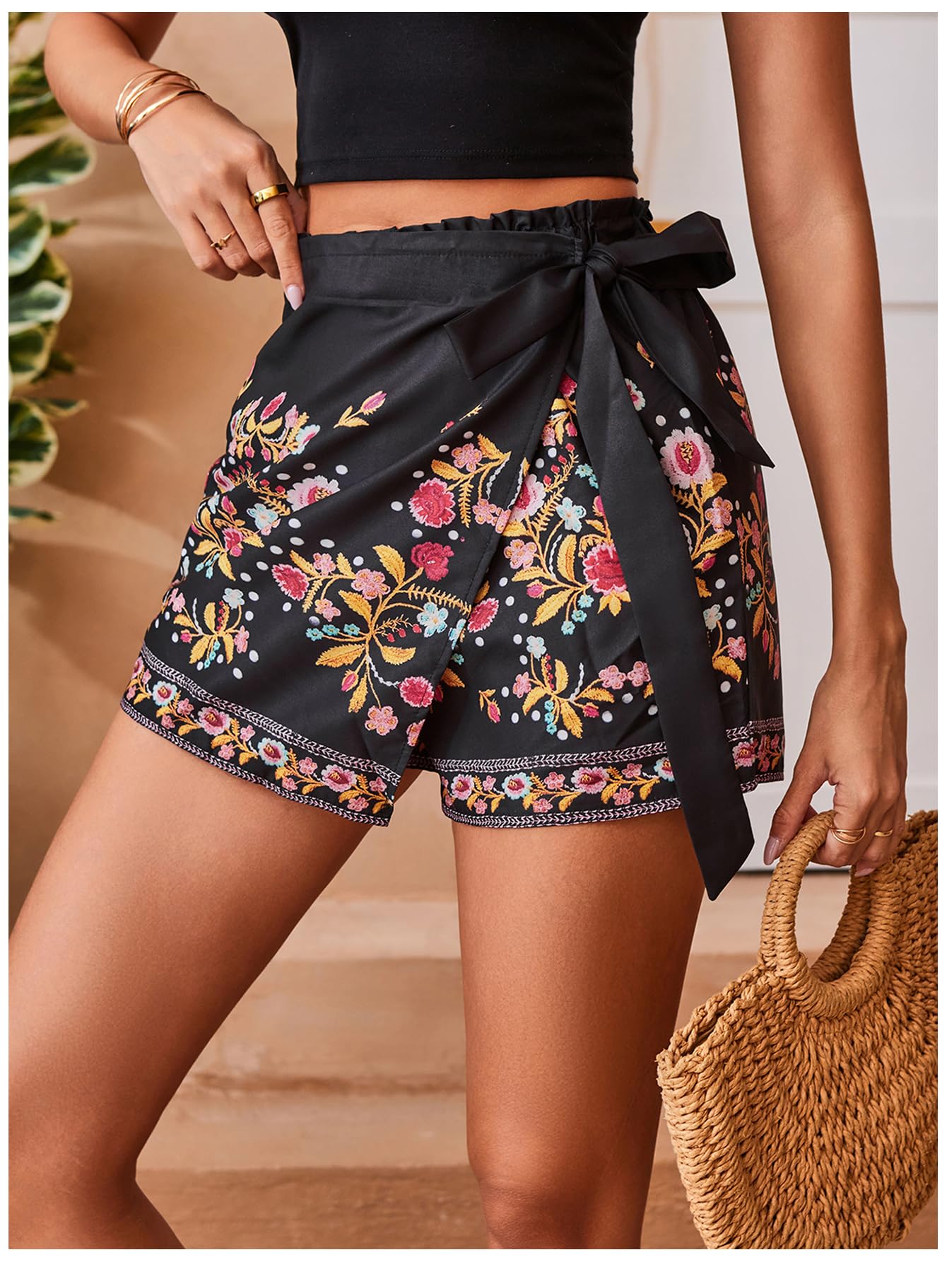 Floerns Falda pantalón corta con dobladillo asimétrico bordado para mujer, estilo bohemio, para vacaciones
