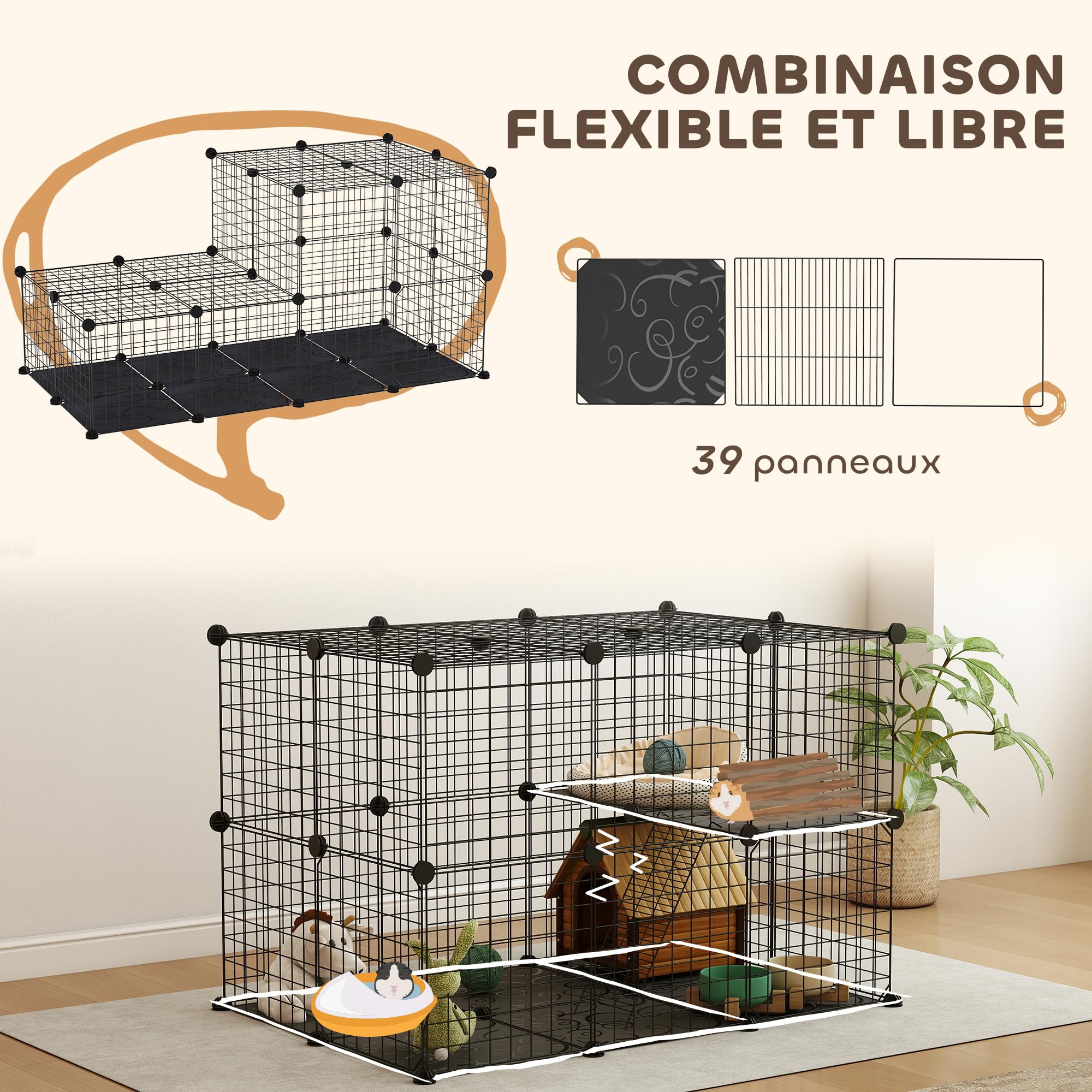 PawHut Enclos pour Petits Animaux, Cage à Lapin modulable 3 Niveaux, 39 Panneaux avec 2 rampes, Parc clôture pour Animaux domestiques intérieur pour Lapin, Chaton, Chinchilla, Furet, en métal, Noir