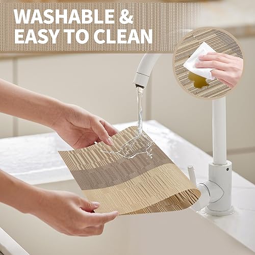 Miniatura 2 de Juego de 6 manteles individuales modernos color champán de PVC duraderos, manteles individuales tejidos de vinilo para mesa de comedor, resistentes