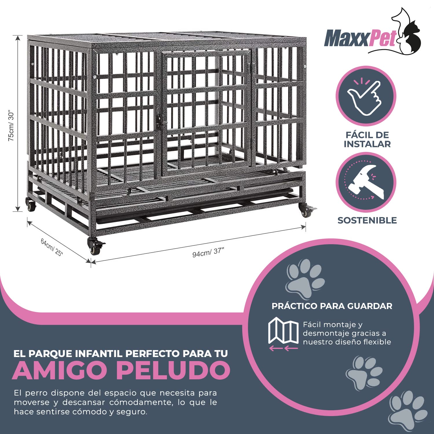MaxxPet Jaula Perro de Metal y Manta de Lujo - Jaula de Transporte sobre Ruedas. 2 Puertas con Cerradura – Bandeja Extraíble. 50 kg – 94 x 59 x 75 cm