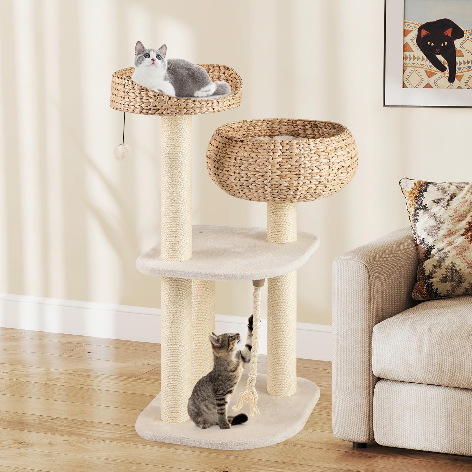 COSTWAY 104 cm Árbol Rascador para Gatos de Interior con Posaderos, Cama, Cesta Hechas a Mano, Juguete Colgando y Cuerda, Palos Rascadores de Sisal, Torre Rascador para Gatos, Casitillo Gato (Beige)