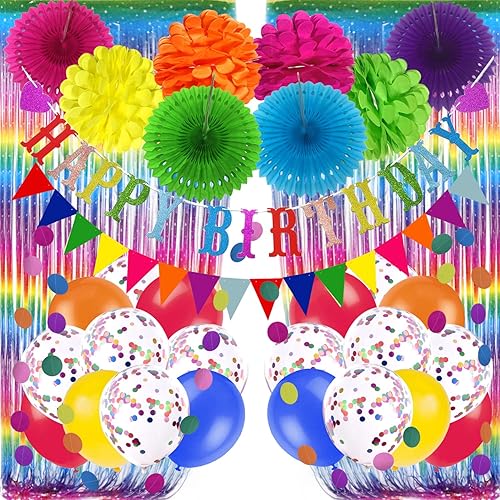 Recosis Decoraciones de fiesta de cumpleaños, decoraciones de fiesta multicolor para hombres y mujeres, pancarta de feliz cumpleaños, cortinas,