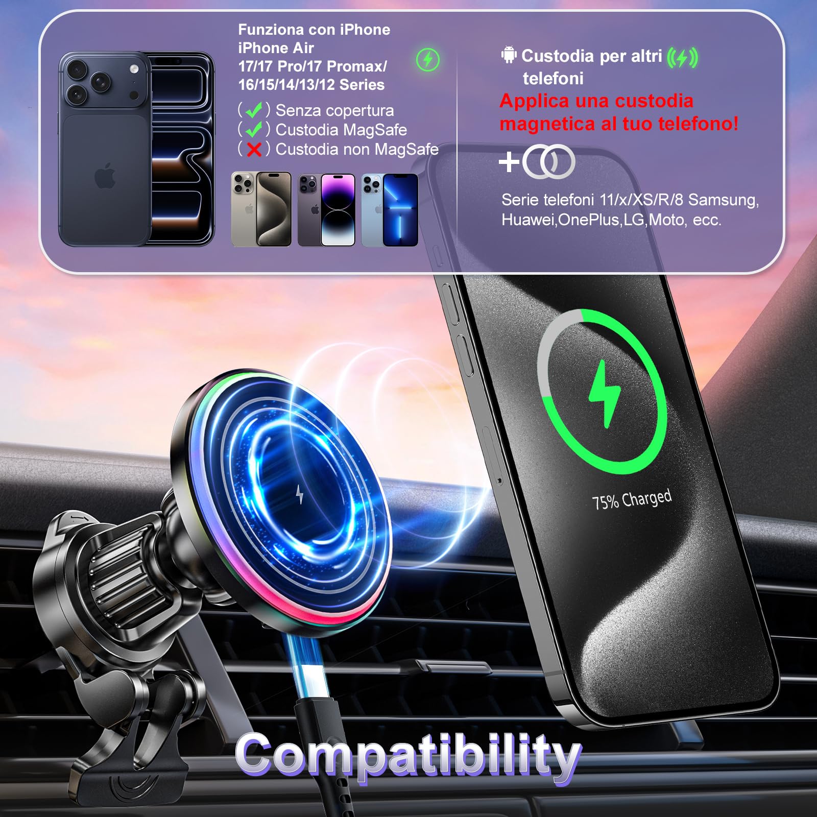MANKIW Caricatore Auto per MagSafe, 15W Caricatore Wireless Auto per iPhone 17/16/15/14/13/12, Supporto Telefono da Auto per Bocchetta d’Aria/Cruscotto