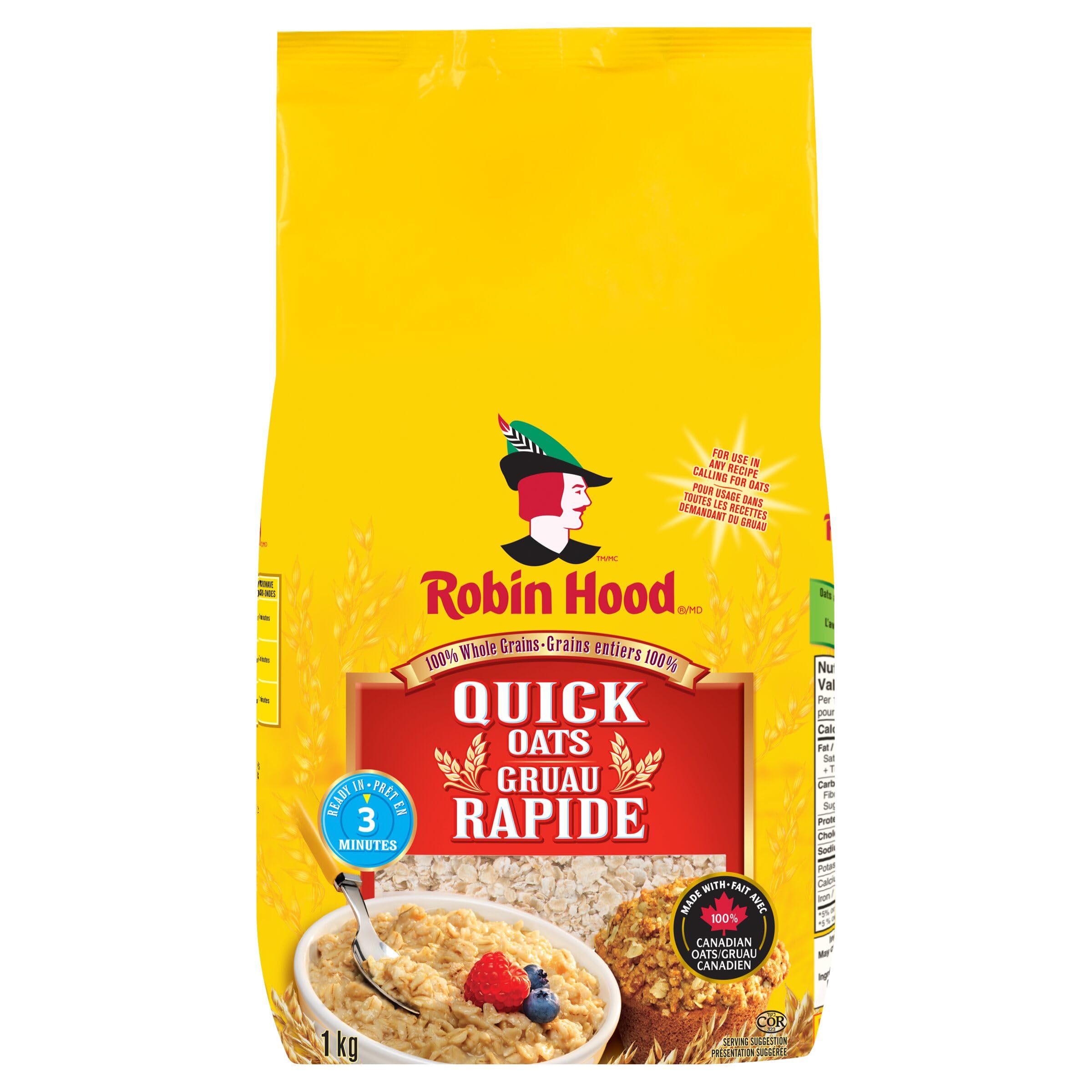 Robin Hood Whole Grains Quick Oats Made with 100% Canadian Oatmeal 1 Kg (Pack of 1)