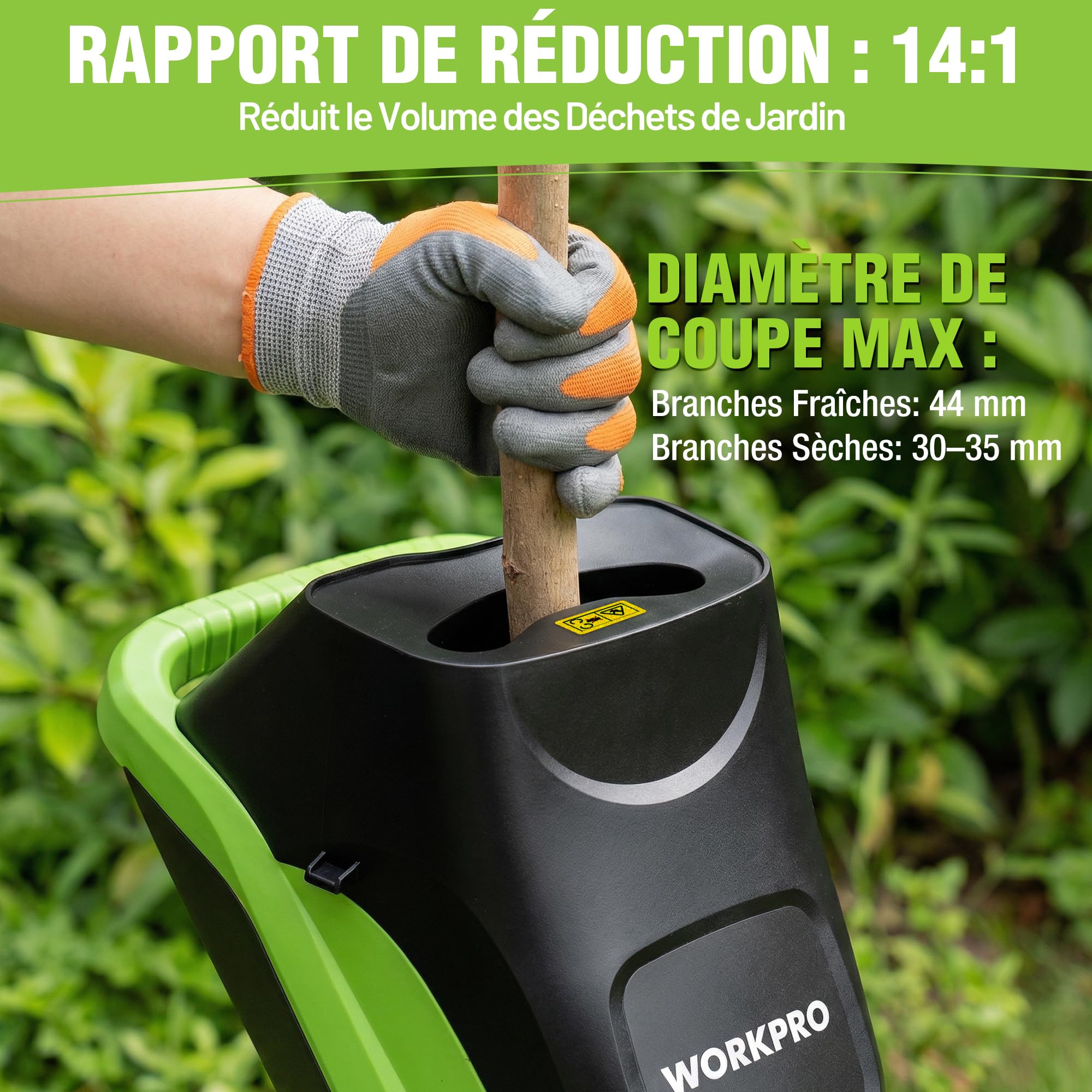 WORKPRO Broyeur de Végétaux Électrique 2500W, Coupe Max Fresh Branches 44 mm, Branches Sèches 30-35 mm, Lames SK5 Double Tranchant, 2 Sacs 45L, Trémie 7L, avec Sécateur et Roues 18 cm