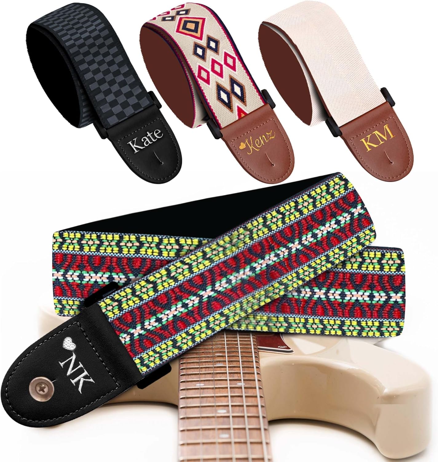 Personalized Guitar Strap California Weave Vintage including - 2 Picks + Locks + Secure Button. Add Your Text and We Make It Especially For You Get Your Own Custom Strap, No Shipping Cost!