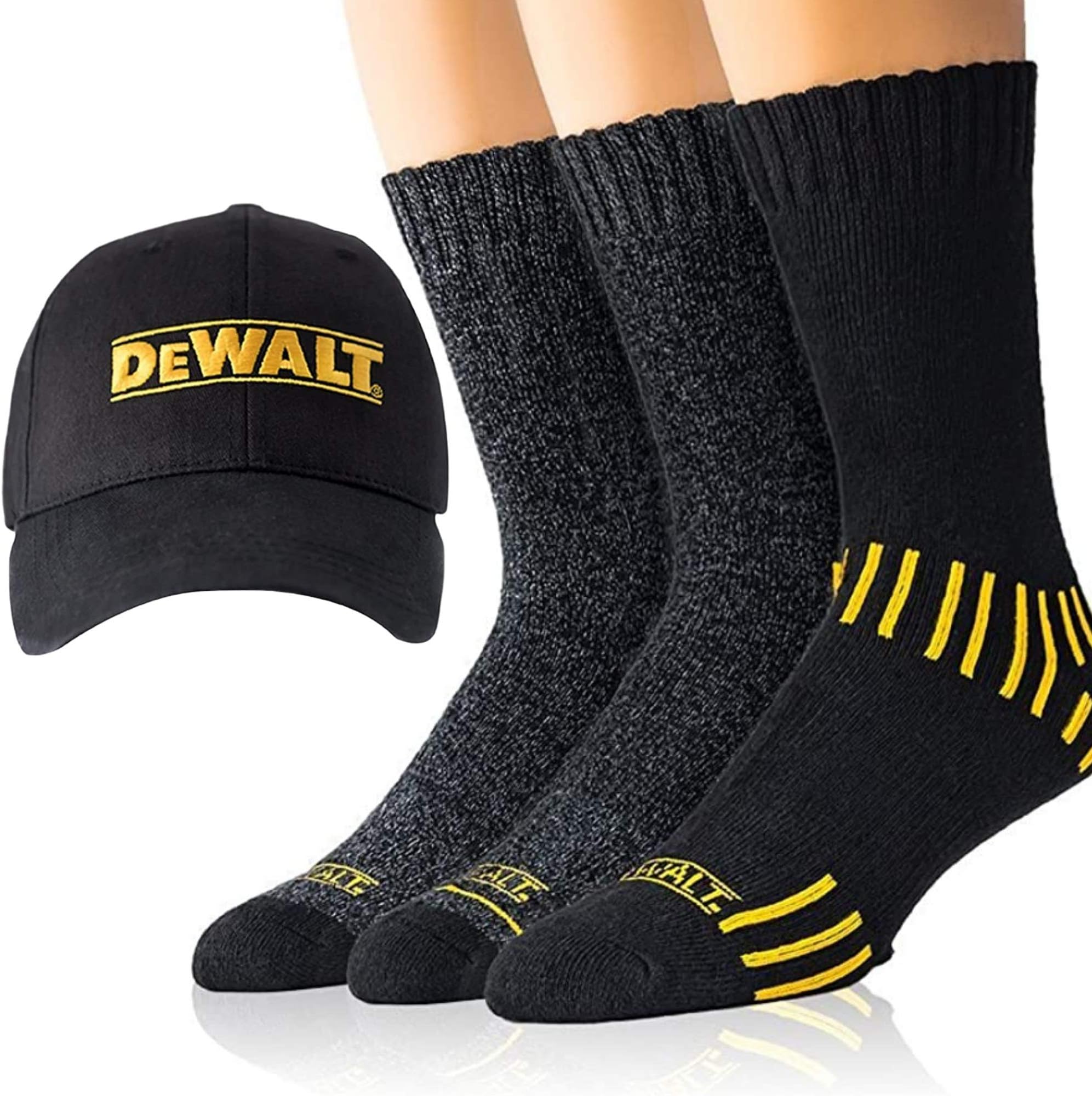 DeWALT Men's Cotton Blend Crew Socks & Ball Cap (3 Pairs, Black) for Work, Casual, Athletic, Hiking (Fits 10-13) Indoor, Outdoor Thermal Socks - Eliminate Odor, Wick Moisture & Breathable