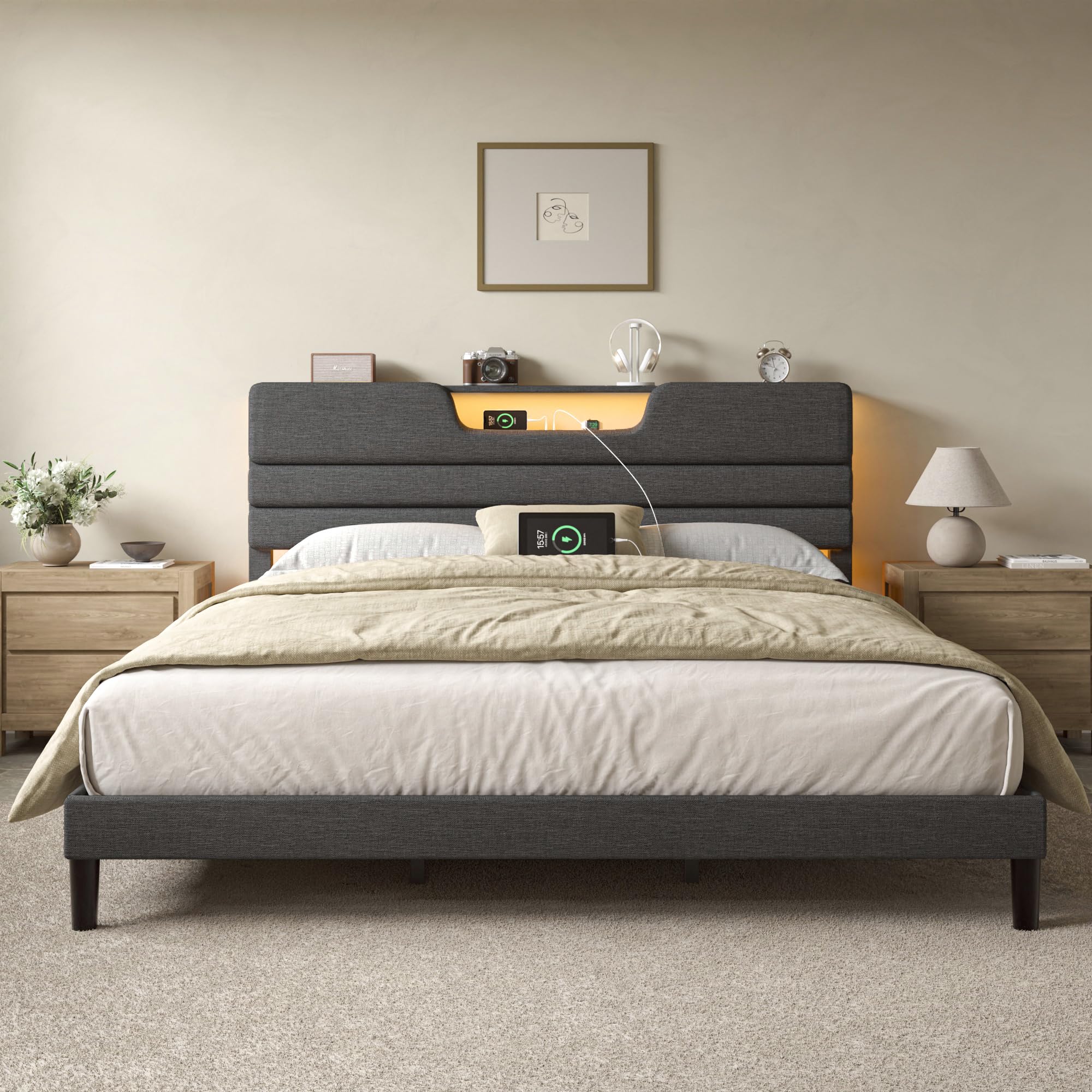 King Size Bed Frames with Upholstered Headboard Modern Platform Bed with Charging Station and Led Lights Bed Frame