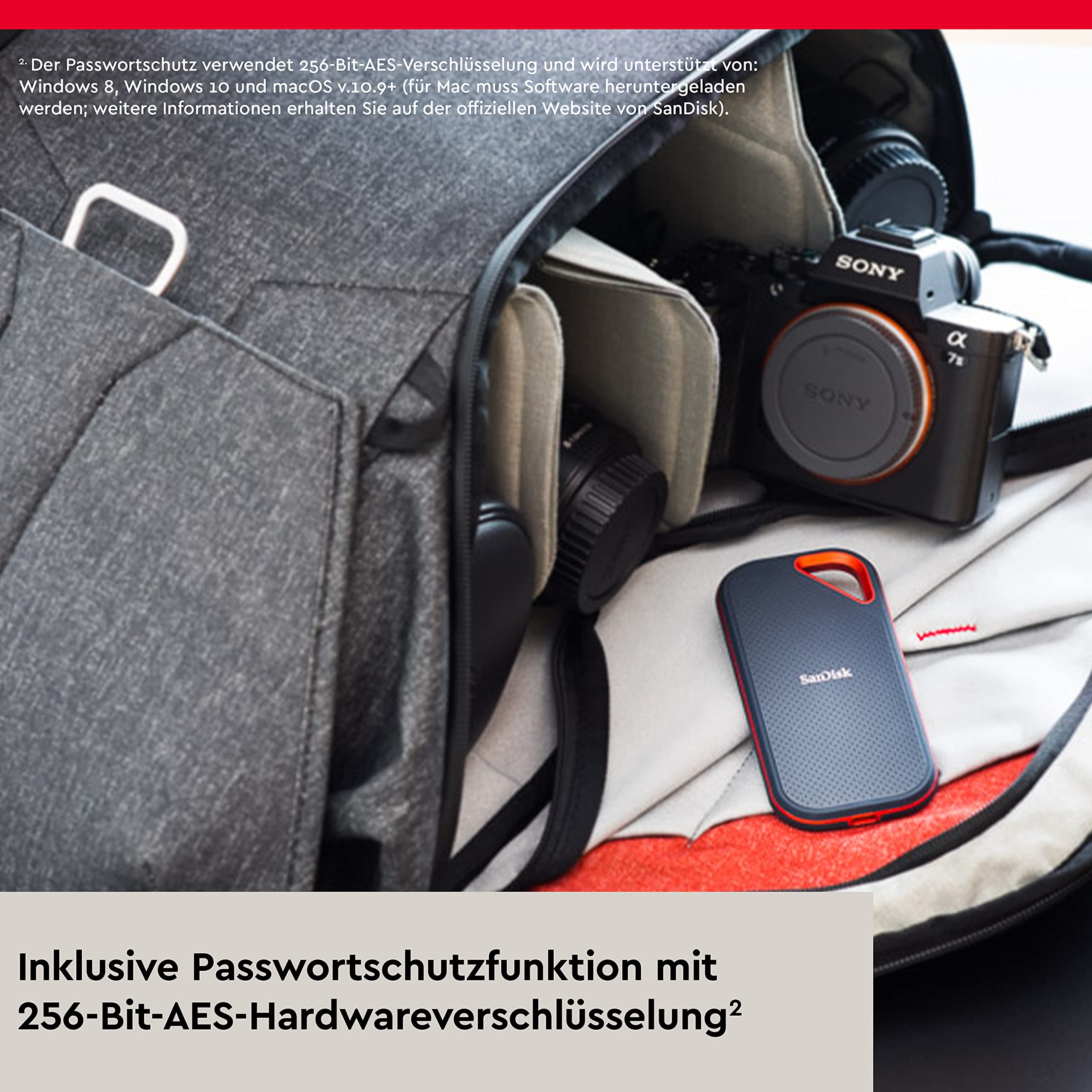SanDisk Extreme PRO Portable SSD 2 TB externe SSD NVMe 2.000 MB/s Lesen Schreiben AES-Verschlüsselung IP65 grau
