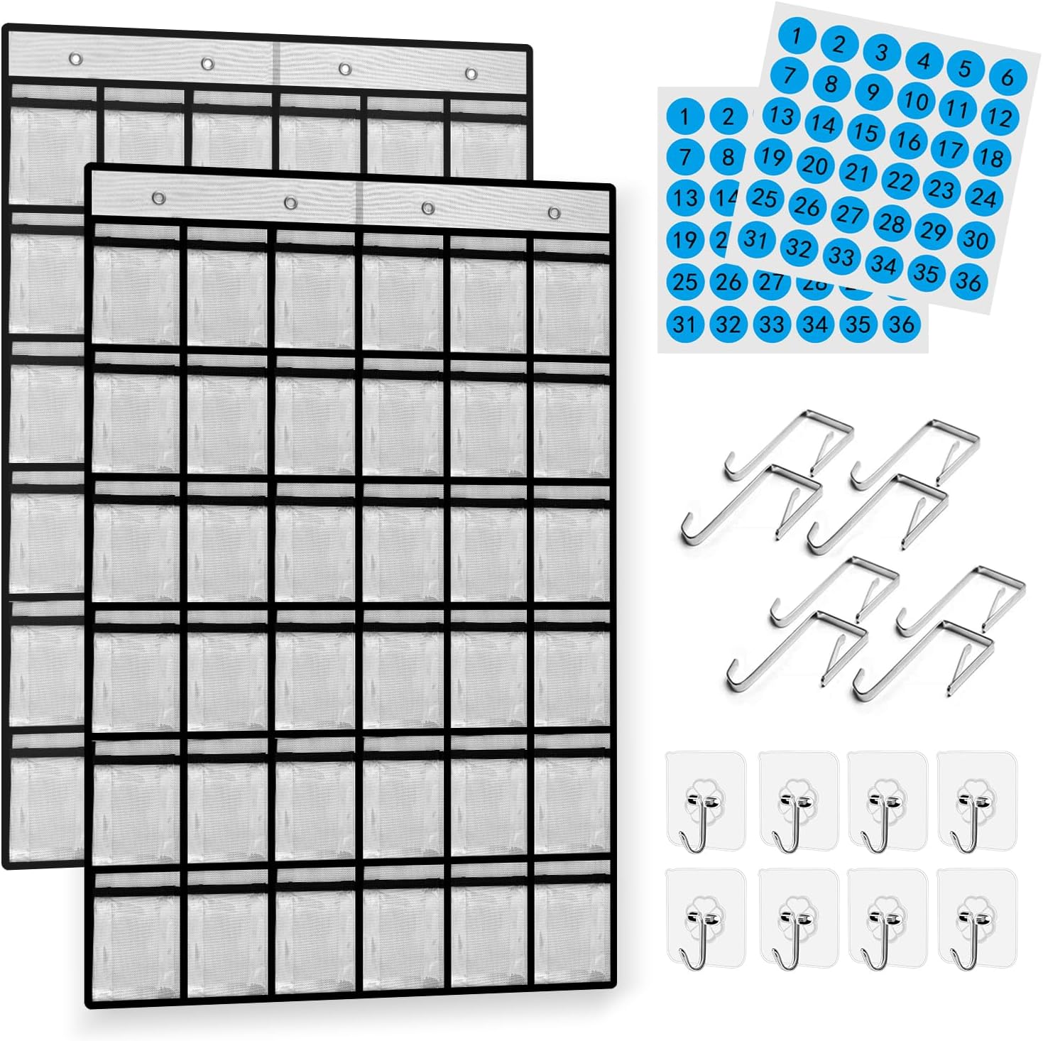 PAULONE Numbered Classroom Pocket Chart, Cell Phone Calculator Holder for Classroom Storage, Small Items Miscellaneous Closet Organiser, Wall Door Hanging Organiser-36 Pockets (White-2PCS)
