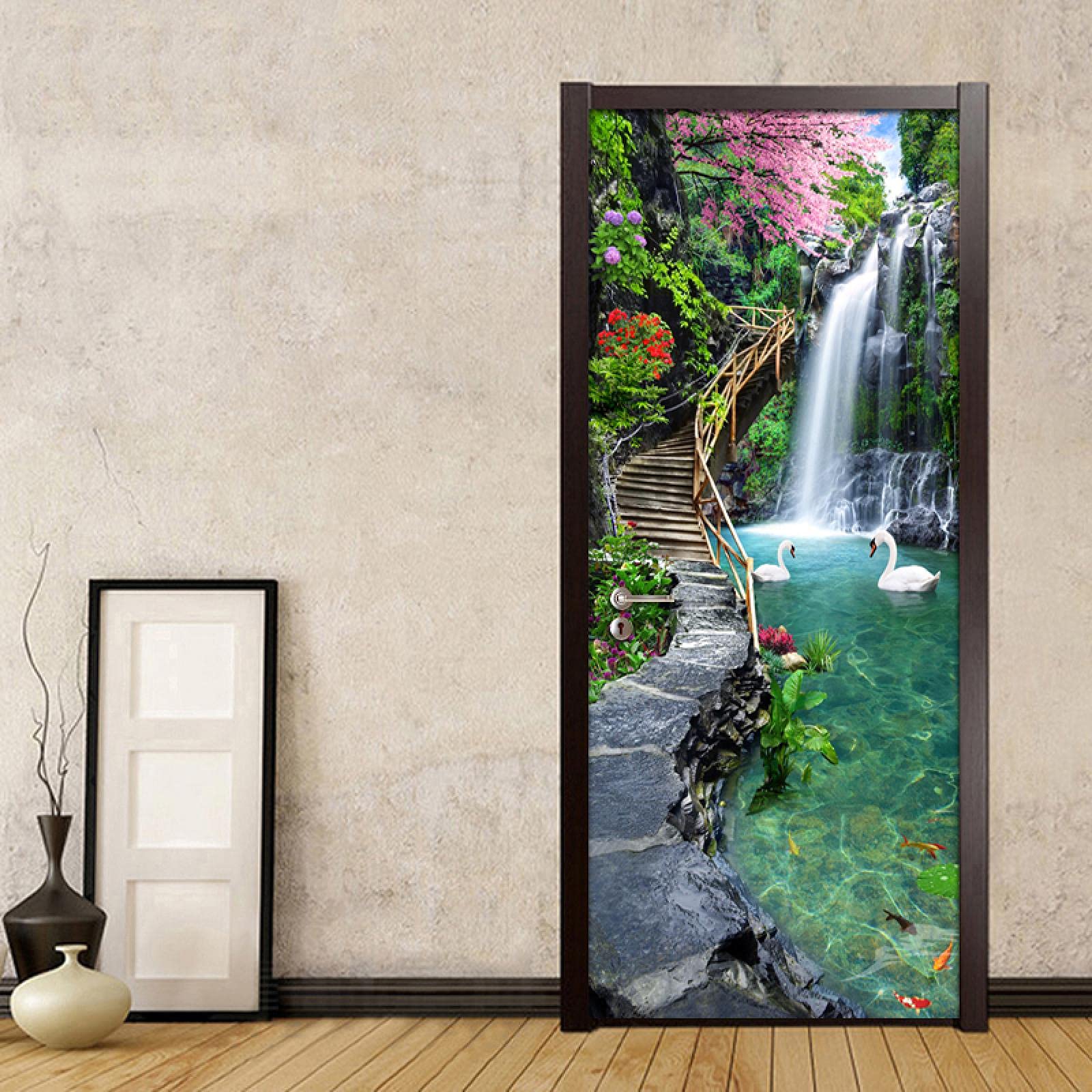 PVC zelfklevende waterval landschap kunst deur sticker woondecoratie deur cover muurstickers muurschildering veranda behang poster