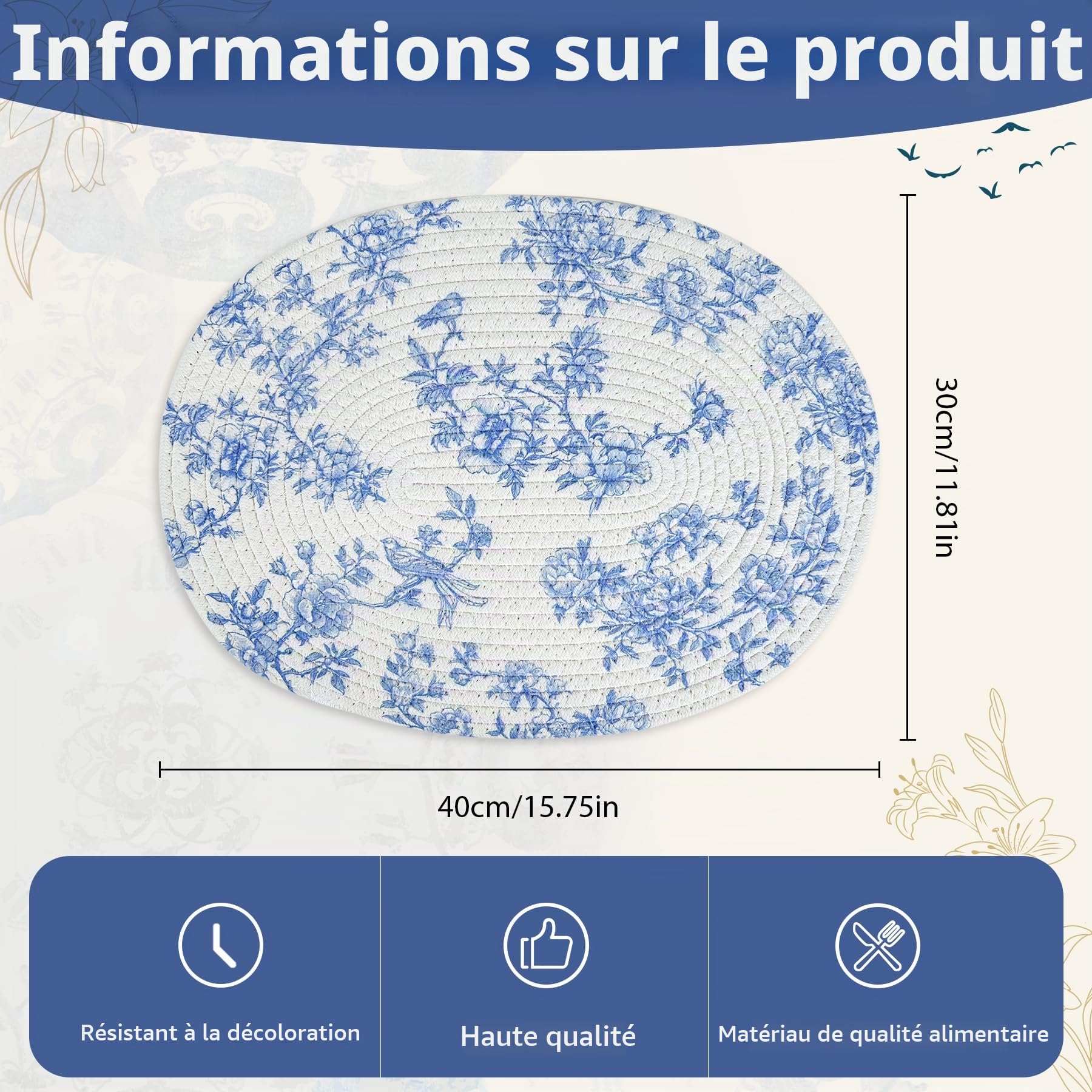 Lot de 6 sets de table ovales tissés - Motif porcelaine bleue et blanche - Corde en coton tressé - Lavables et faits à la main - Antidérapants - Décoration de cuisine - 40 x 30 cm