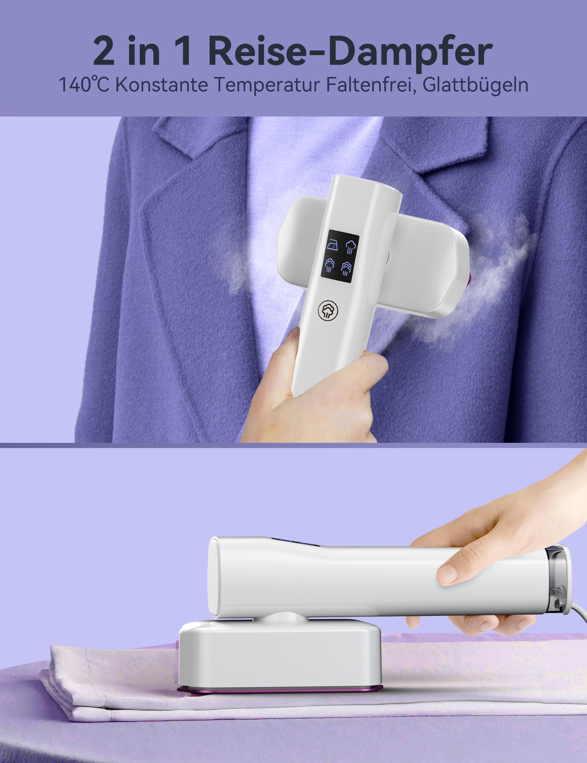 Sundu Steamer Dampfglätter Reise, Dampfbügeleisen für Kleidung, 2-in-1 Reisebügeleisen Steam iron, 15s schnelles Aufheizen Steam, Reisedampfglätter mit LED Display, 4 Bügelmodi