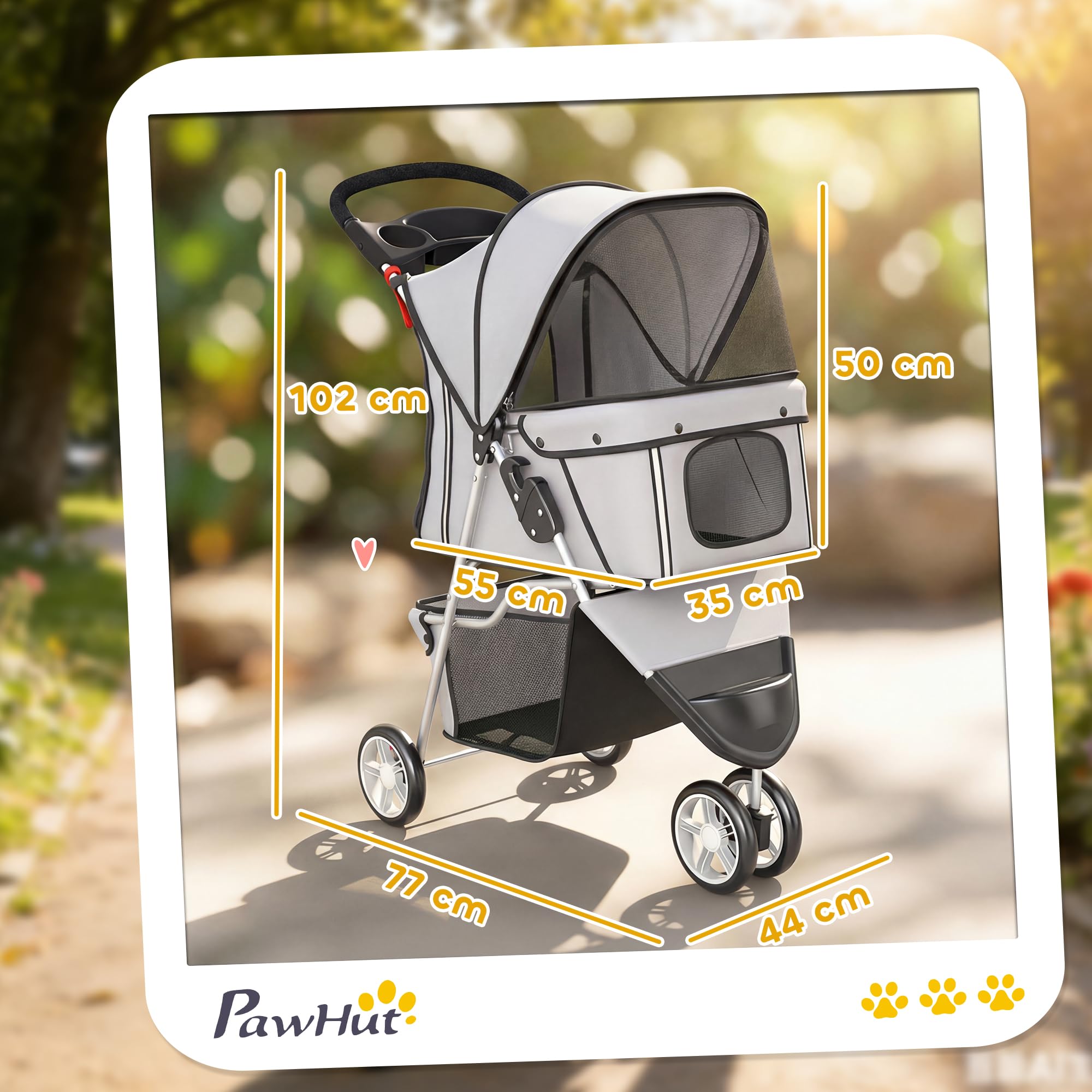 PawHut Passeggino per Cani Piccoli Pieghevole, Carrozzina per Cani con Ruote con Freni, Portabicchieri, Cestino Portaoggetti e Imbottitura Rimovibile e Lavabile, per Animali fino 10 kg, Grigio