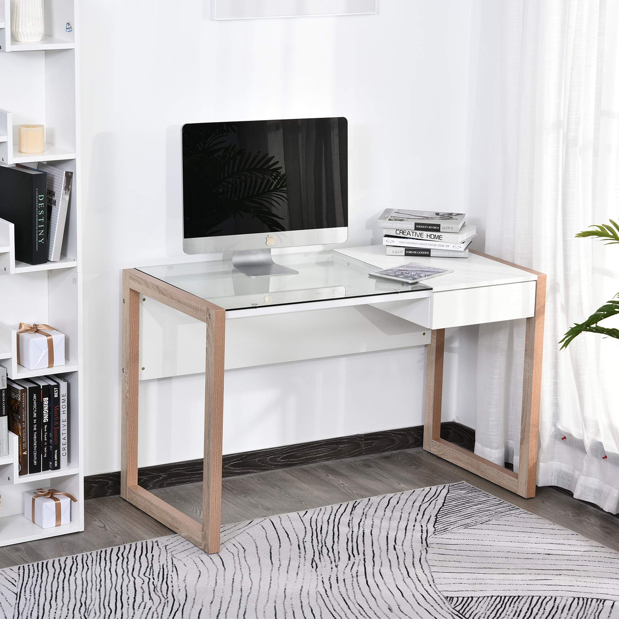 HOMCOM Mesa de Ordenador Diseño Moderno Cajón Oficina 120x60x75 cm Blanco | Mesa de Escritorio, Tablero de Vidrio Templado, Combinación de Estilos, Estudio