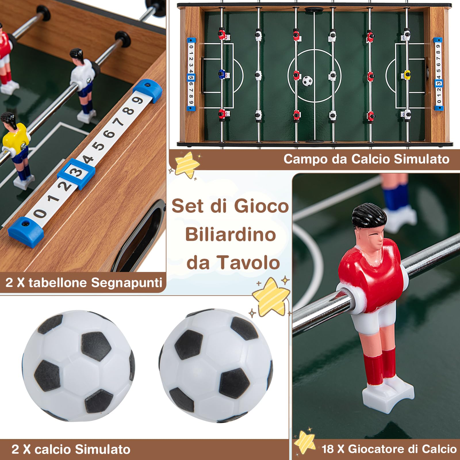 COSTWAY Calcio Balilla da Tavolo Salvaspazio per Bambini e Adulti | Calcetto da Tavolo con 18 Giocatori e 2 Palloni, Biliardino per Casa Feste Bar, 69 x 36 x 24 cm