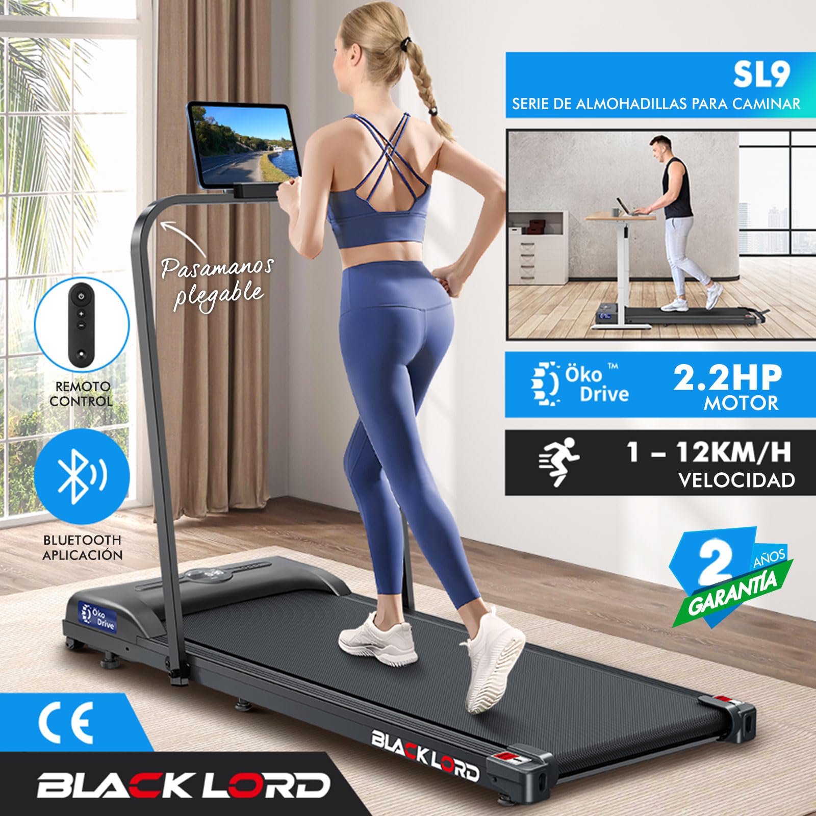 BLACK LORD Cinta de Correr, Walking Pad con/sin inclinación del 9%, Superficie de Carrera,9/12/16km/h, para Debajo del Escritorio, Pantalla LED, portátil,silenciosa,Capacidad de Peso de 120/130/140kg