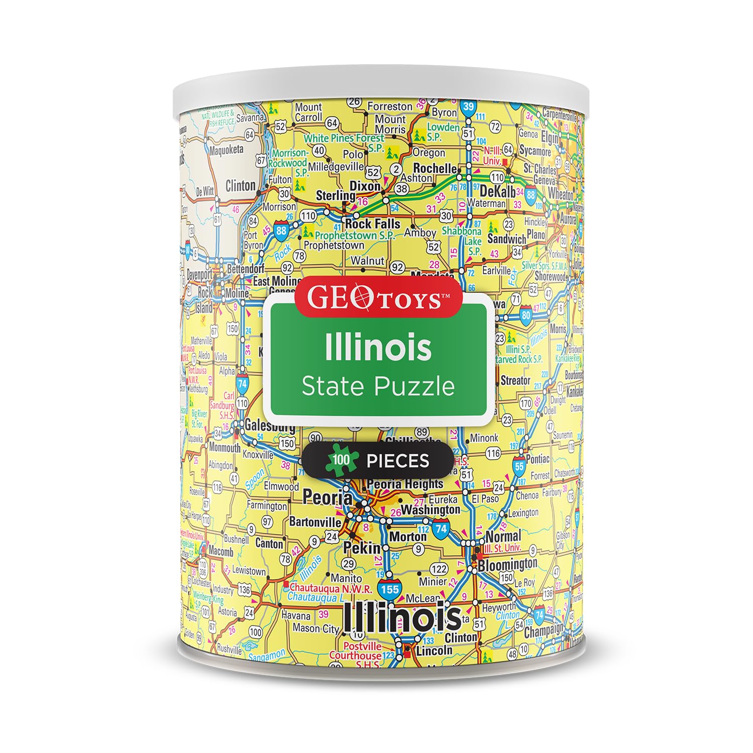 Geotoys Illinois Mini State Puzzle – 100 Piece Puzzles for Kids and Adults in Portable Can, 13" x 10" Educational Travel Puzzle for Ages 7 and Up –