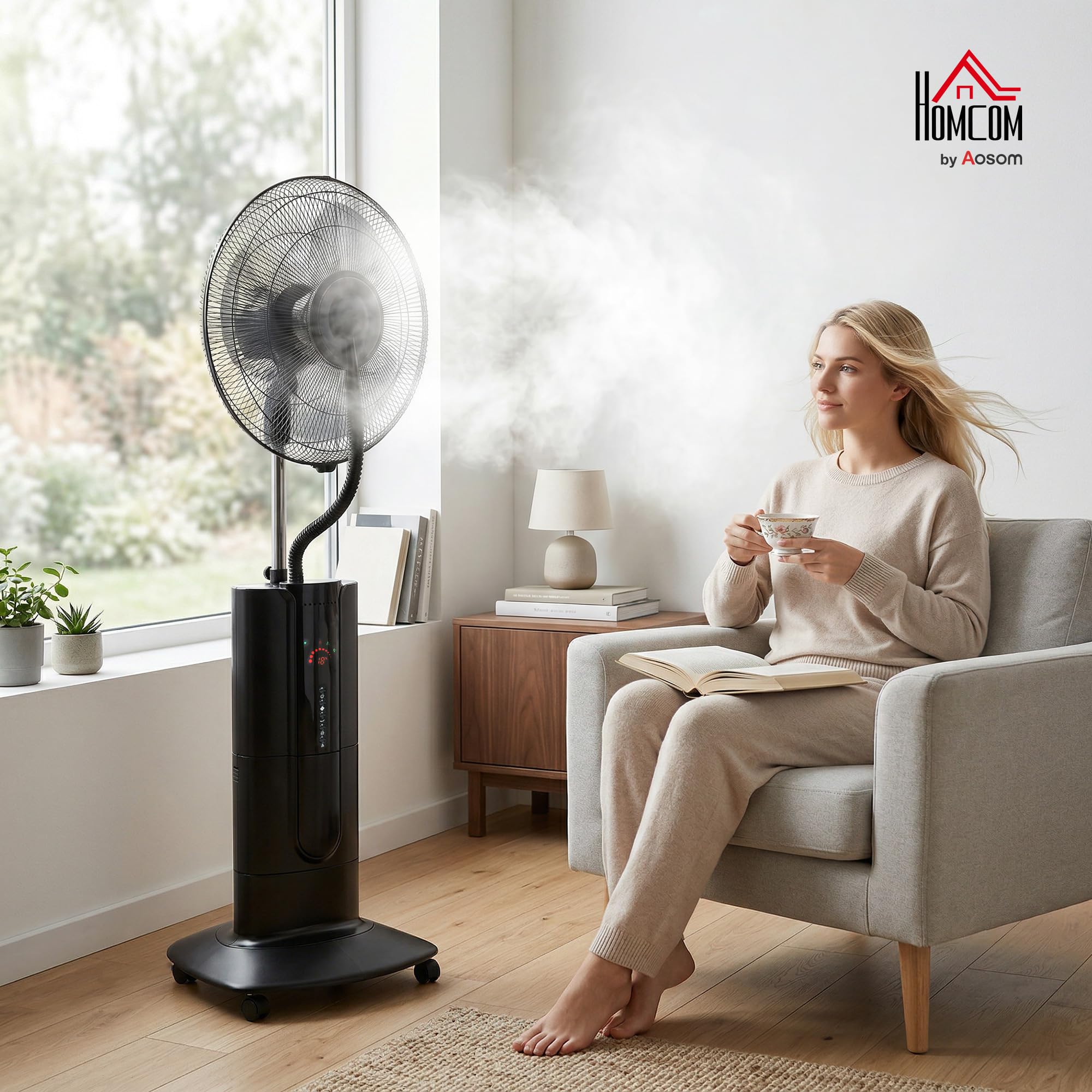 HOMCOM Ventilatore Nebulizzatore Serbatoio 1.5L, Ionizzatore, 3 Modalità, 3 Velocità, Ventilatore a Piantana, Ruote, Oscillazione 120° Inclinazione 20°, Timer 9h, Display LED, Telecomando, 100W, 130cm