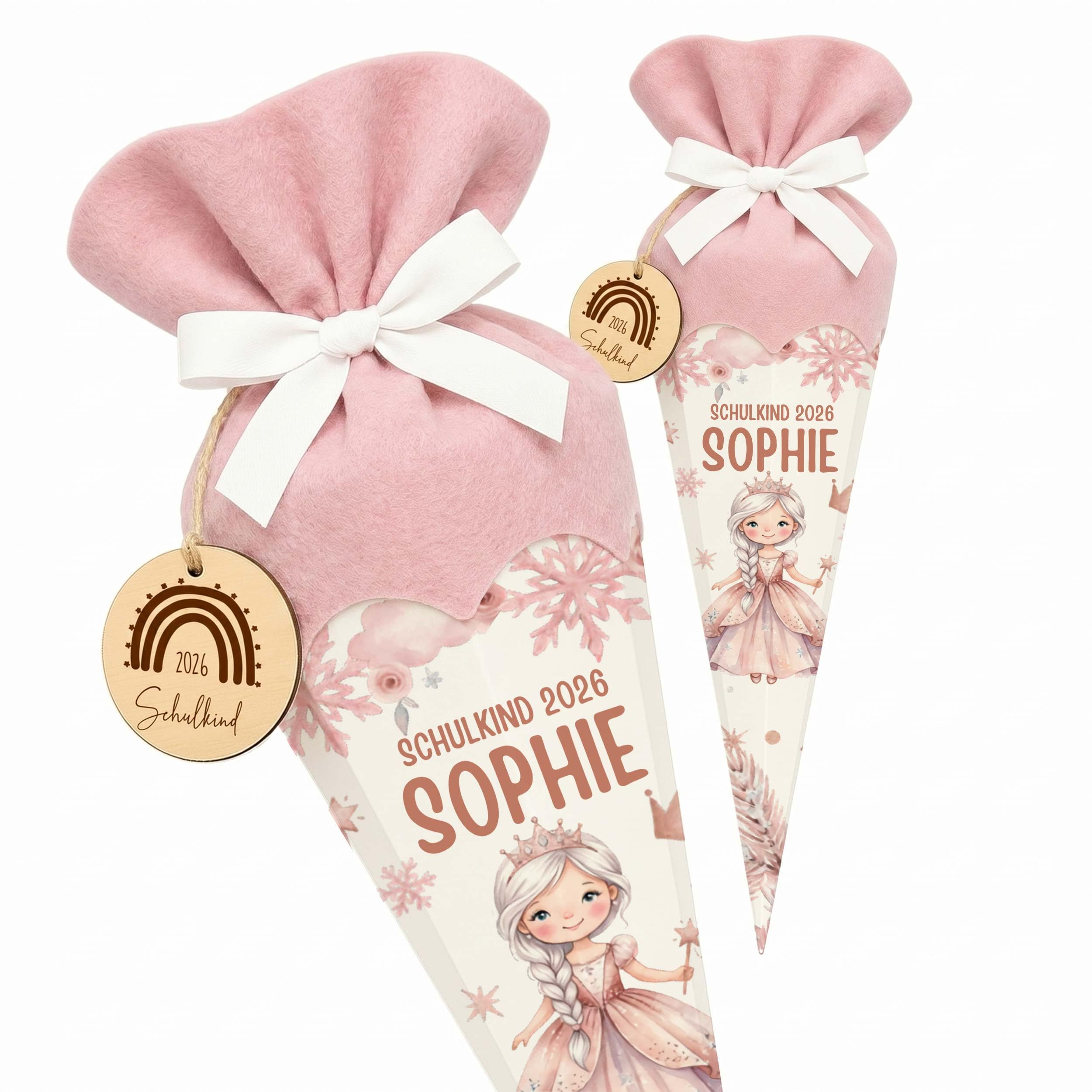 Personalisierte Schultüte mit Rohling, Filz-Stoff & Holzschild, Zuckertüte zur Einschulung Mädchen & Jungen, Einschulungsgeschenk 2026 - Prinzessin (Rosa)
