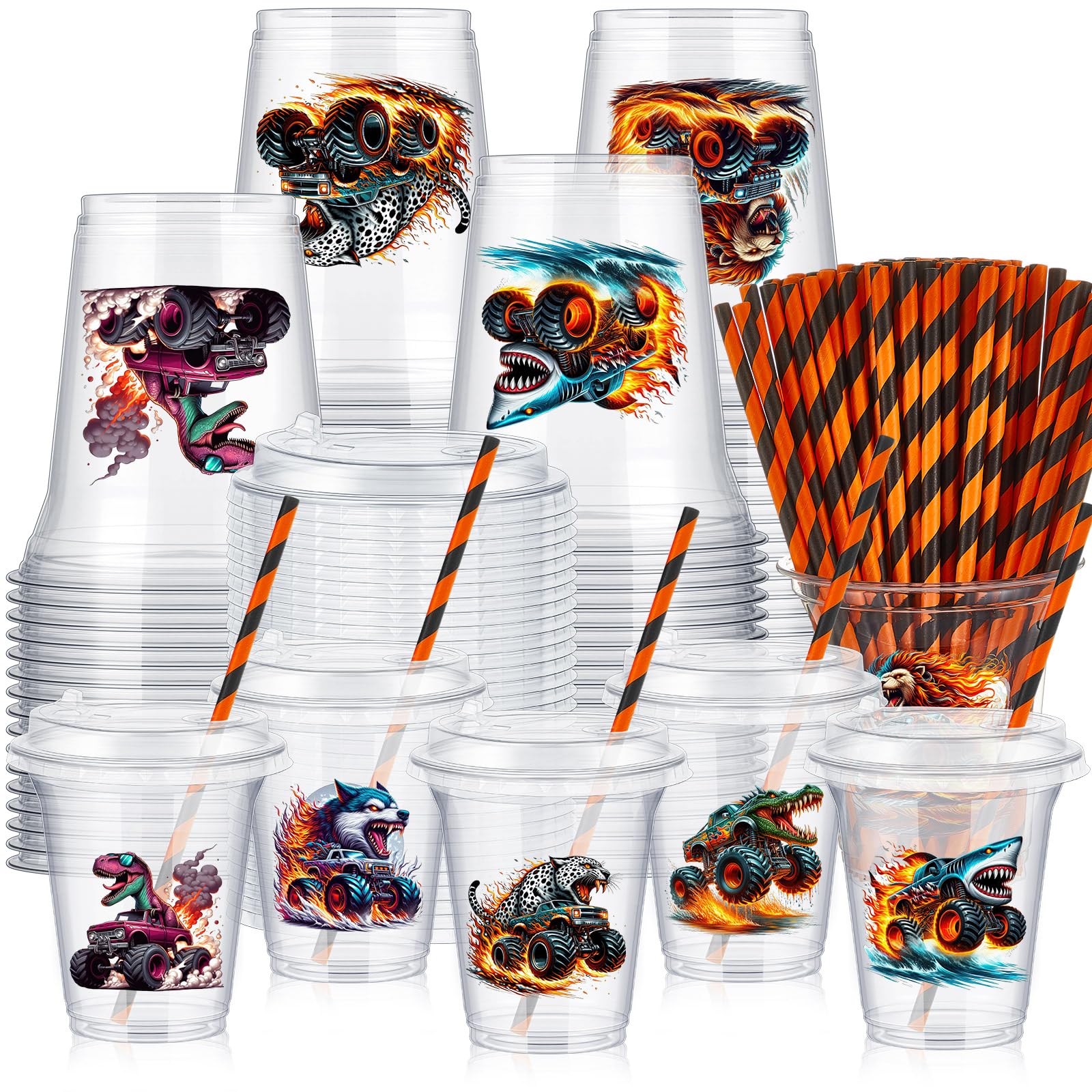 FoldTier 60 Set Monster Truck Plastic Cups Bulk 14 oz Disposable Clear Cups with Lids and Paper Straws for Monster Truck Birthday Party Favor Supplies