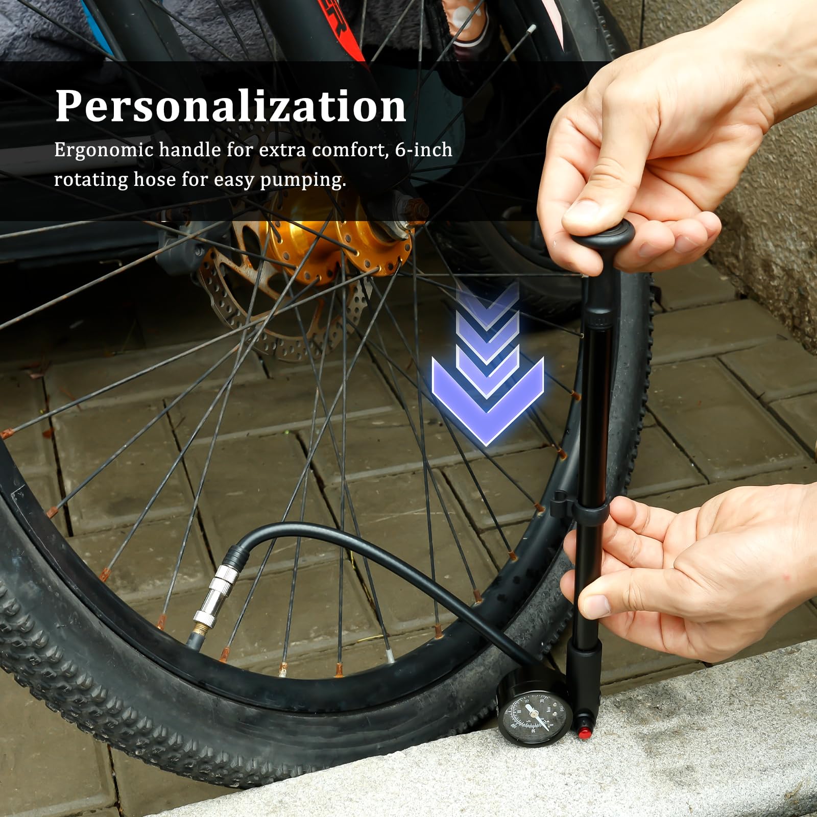 Pompe à Amortisseur 300 PSI avec manomètre, Tuyau Rotatif à 360°, Mini Pompe à Fourche à Suspension, Pompe d'amortisseur de vélo, Pompe pour vélos, Motos, véhicules électriques