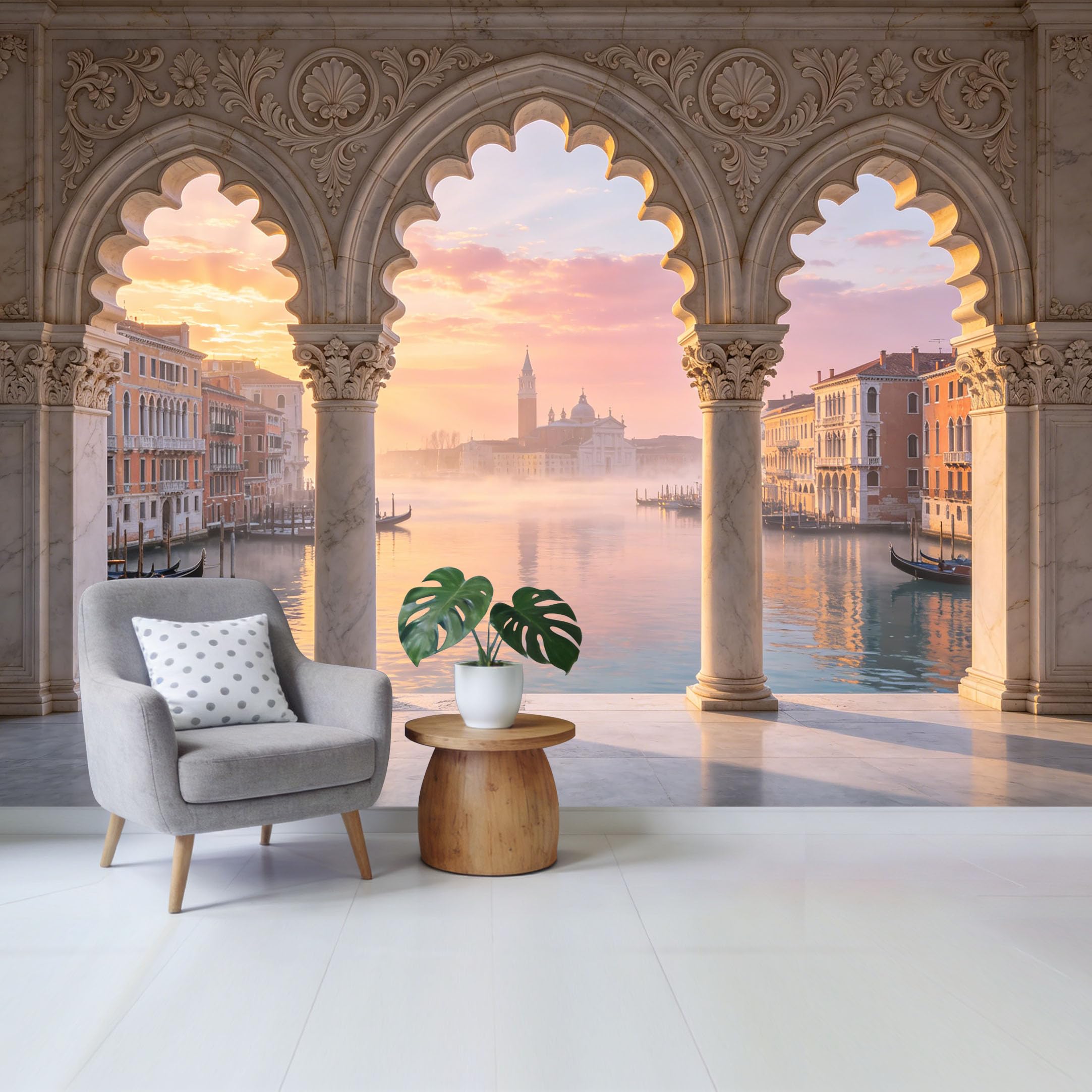 Removable Self Adhesive Fabric Mural， Venetian Canal Archway Custom Size Wall Covering， UV Protected Waterproof Washable Wall Decor for Living Room Bedroom Bathroom