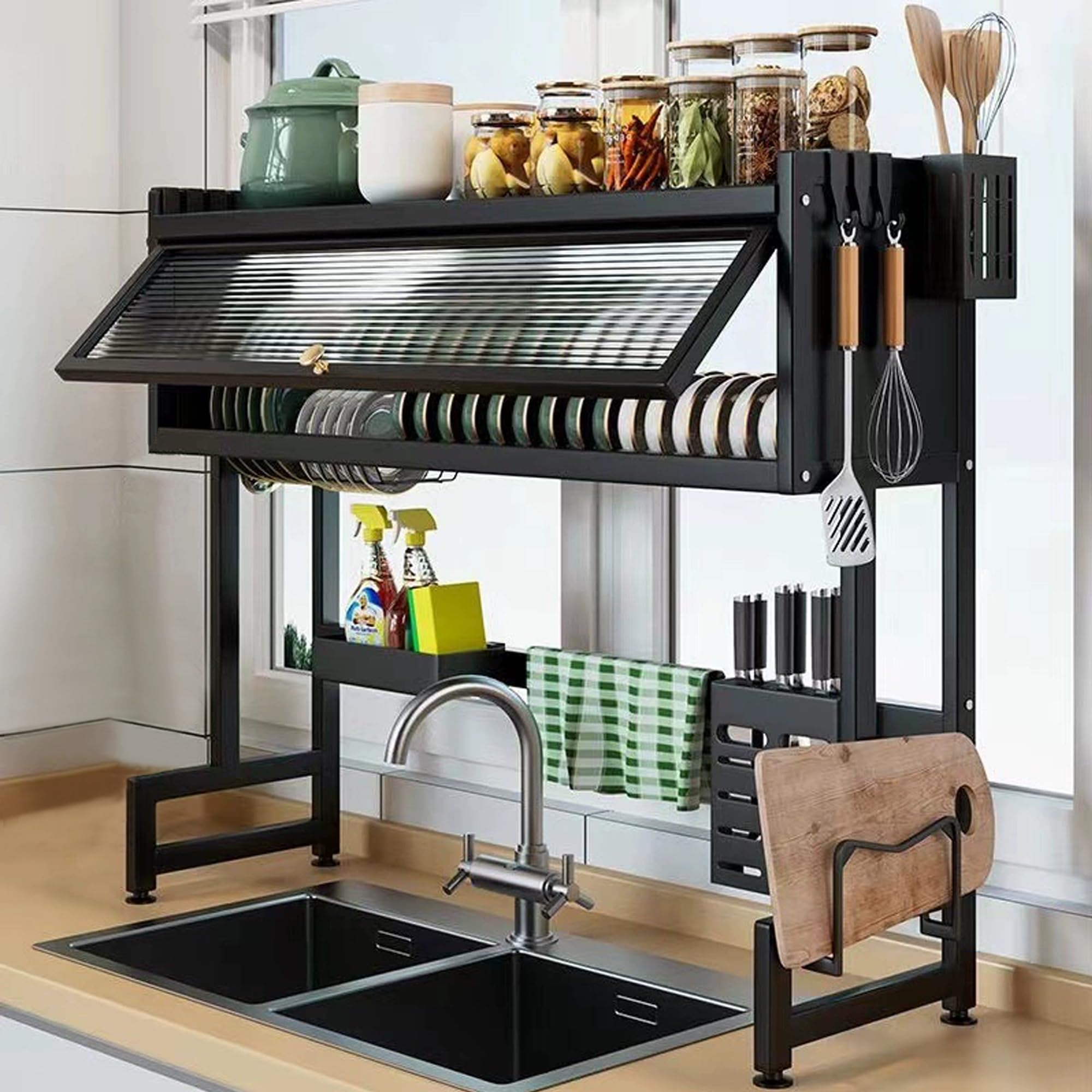 Dish Drying Rack, 3-Tier Over Sink Dish Drainer Drying Rack, 33.5" Over Sink Dish Rack for Small Kitchen, Space-Saving Drying Rack with Cover, Baskets, Utensil, Large Sink Storage Organizer