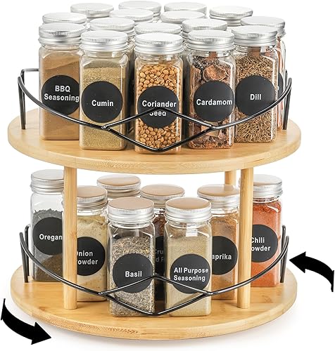 Yopay Lazy Susan - Organizador de 2 niveles, estante giratorio de bambú para especias para armario de encimera de cocina, organizador giratorio de