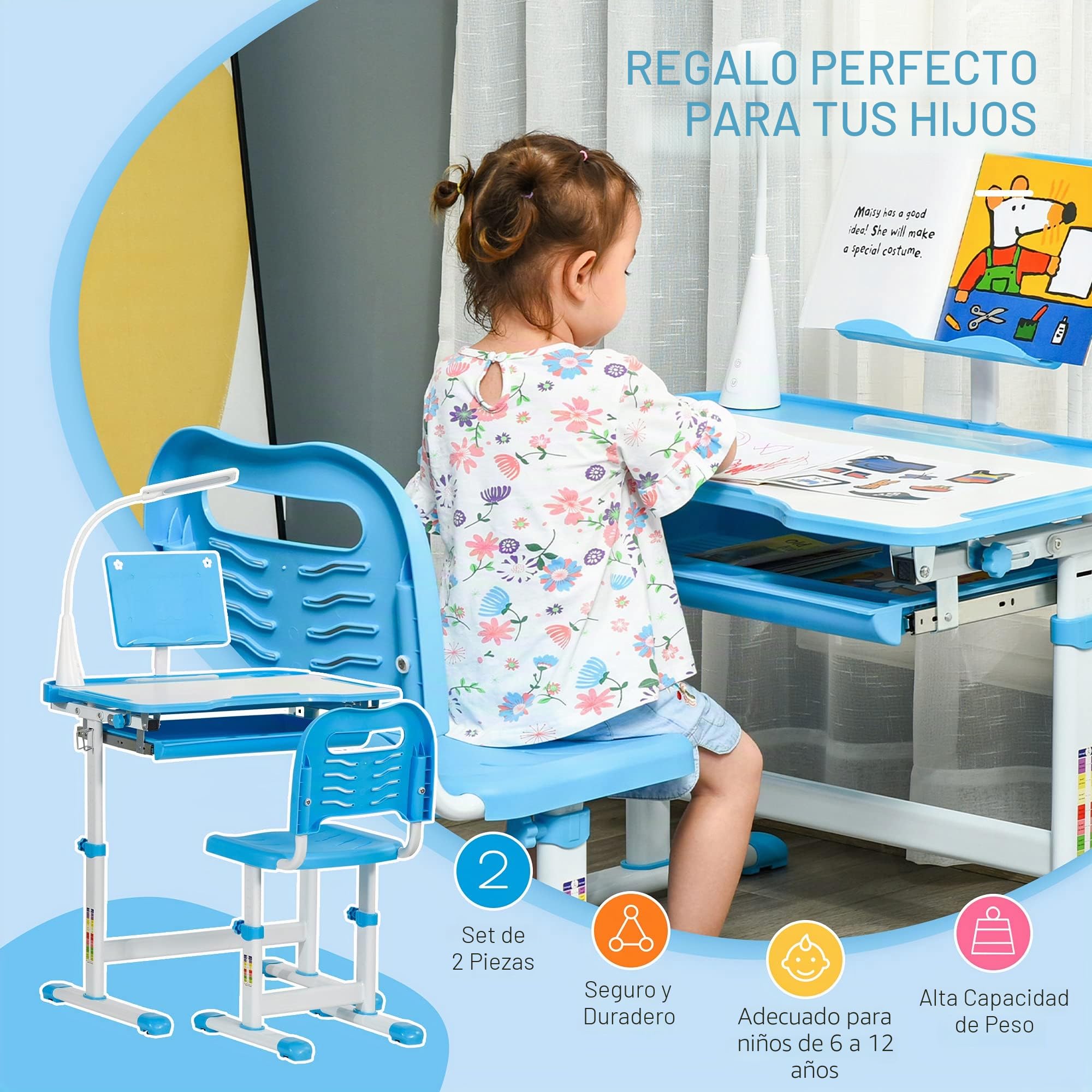 HOMCOM Set Escritorio Silla Estudio Altura Ajustable lámpara USB Azul