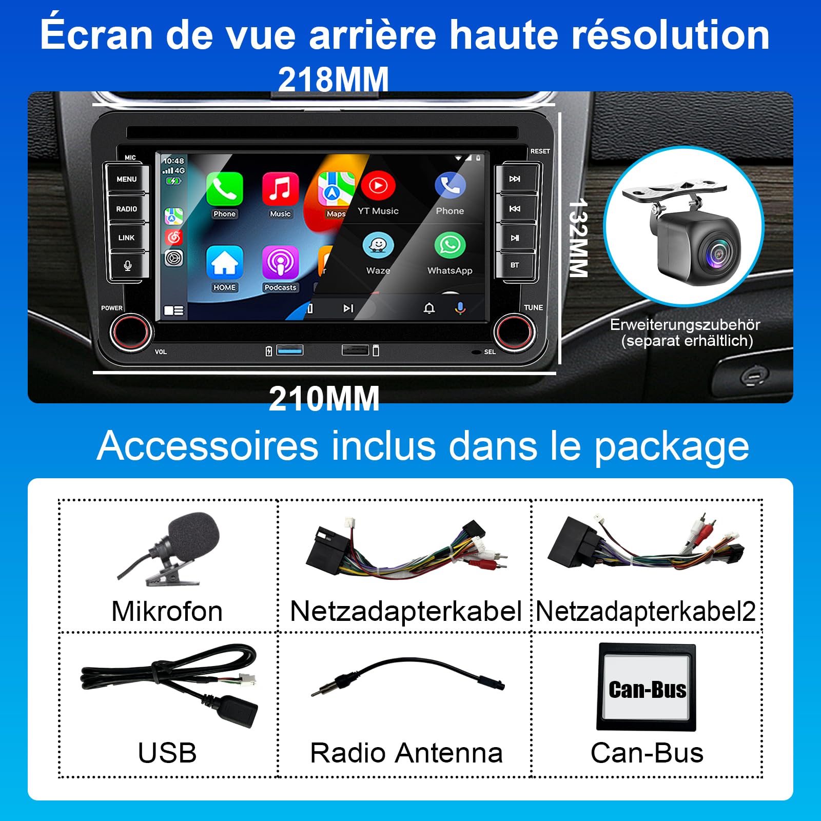 CarPlay Autoradio pour VW Golf 5 6 Passat Jetta Caddy Polo CC Tiguan EOS Touran T5 Skoda, 7 Pouces sans Fil Carplay & Android Auto, Puissance élevée/Bluetooth/FM/AM Radio/USB/DSP/RDS/SWC