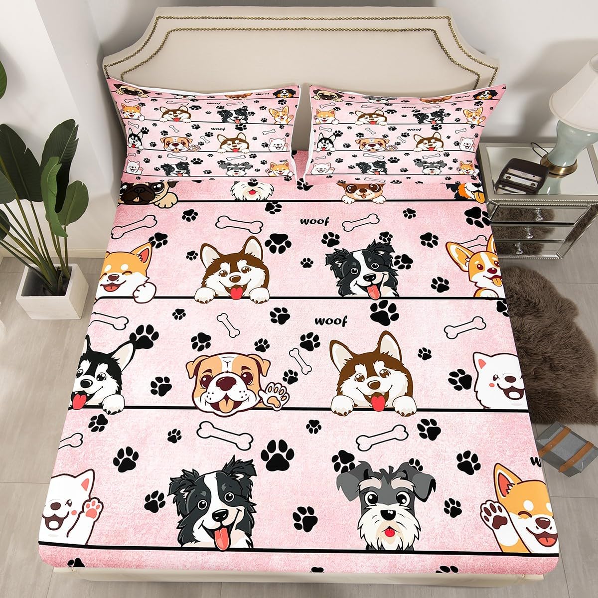 Manfei Cute Dog Bed Sheet 4 Piece,Black Paw Bone Print Pink Sheets Full Size Bed Set,Cartoon Puppy Pet Animals Bedding Set with Flat,Fitted Sheet,2 Pillow Cases