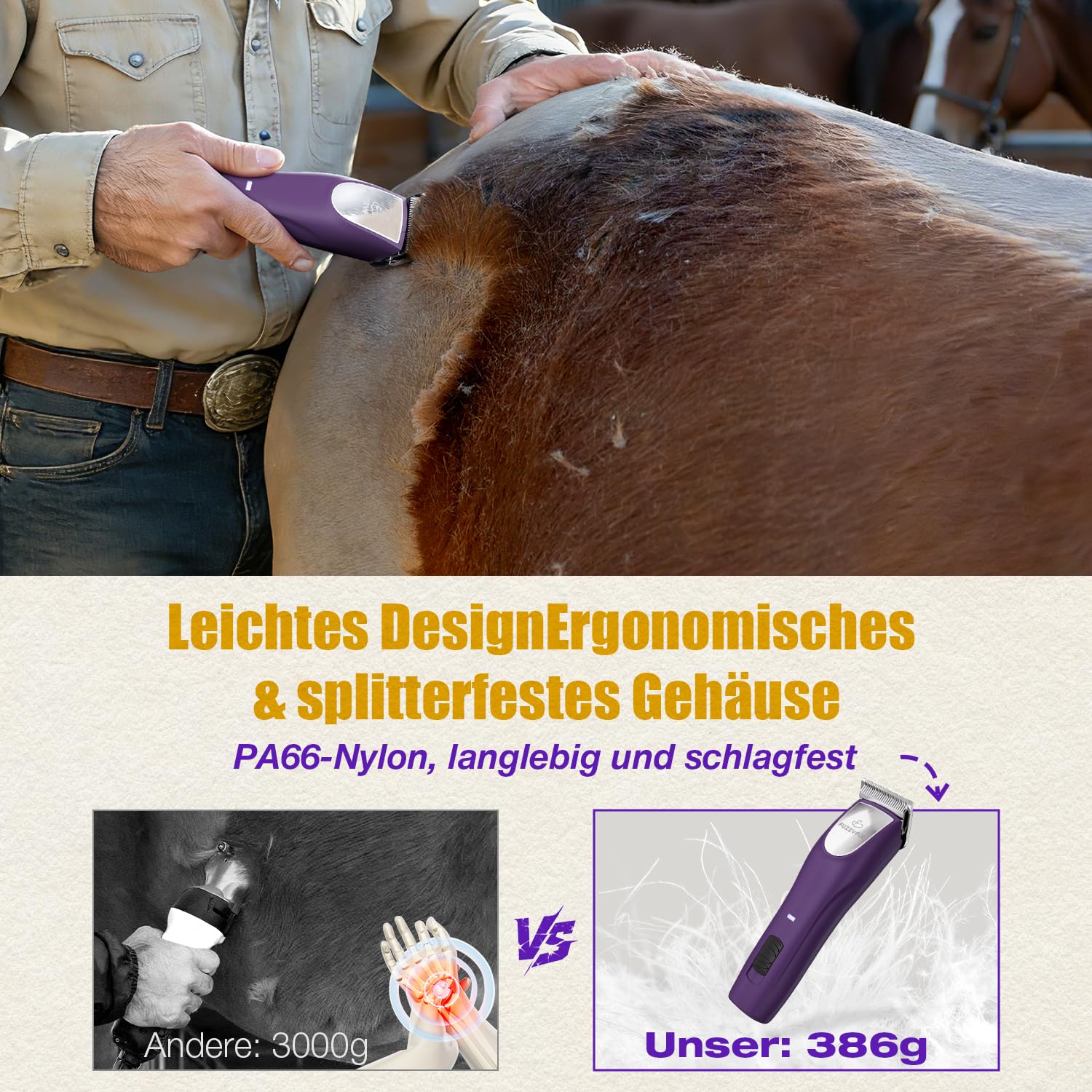 Kabelloses Schermaschine Pferd,2 Geschwindigkeits Ergonomisches Design Leise Schermaschine für Pferde A5 Klinge für Dickes und Verfilztes Haar geeignet für Dicke Pferdhaare