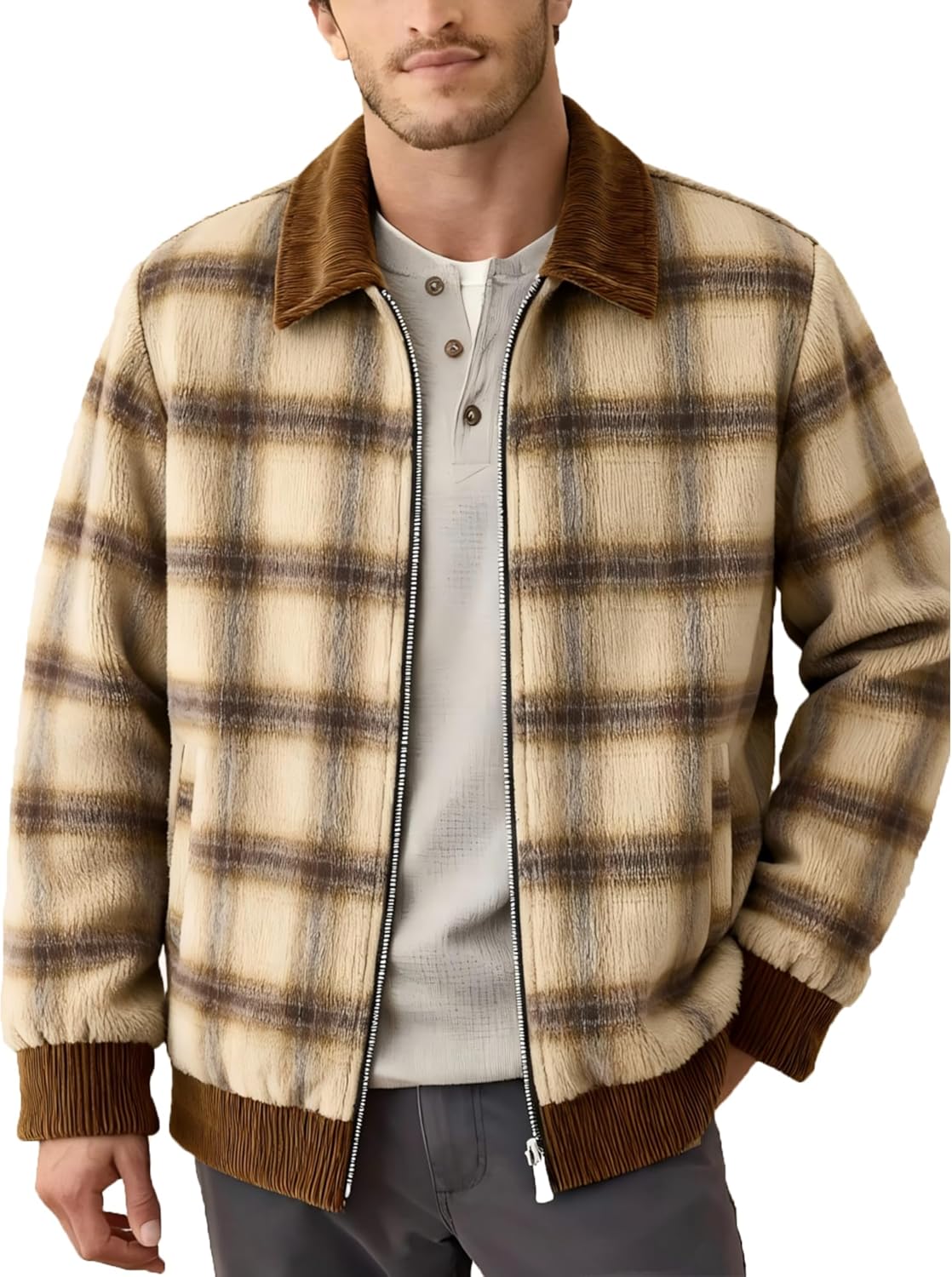 Bomber Jackets for Men Flannel Jacket Chamarras Para Hombre Large Brown