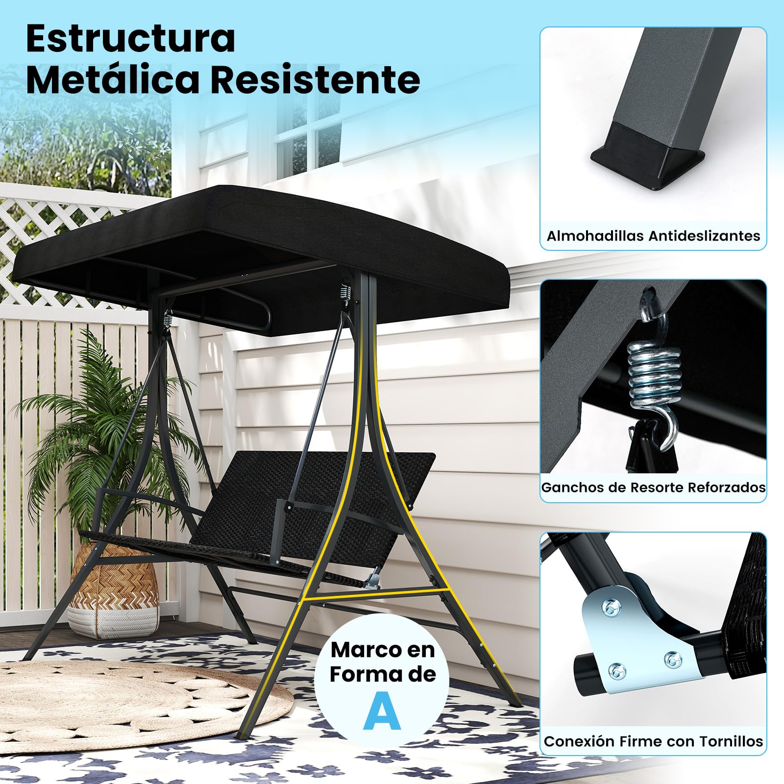 COSTWAY Balancin Jardin Exterior de 3 Plazas, Techo Ajustable, Respaldo de Asiento de Ratán, Estructura Metálica, Columpio Jardin Exterior Porche Patio Trasero, 121 x 145 x 176 cm, Carga 450kg