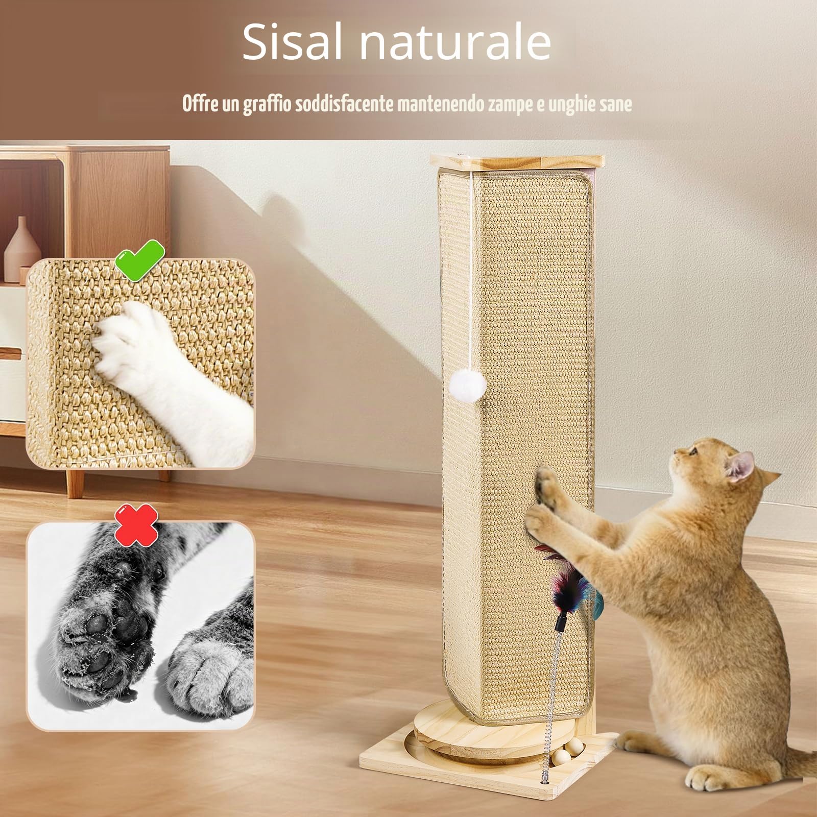 Tiragraffi angolare per gatti, alto 88 cm, con palla interattiva, tappetino sostituibile in sisal per gatti interni, protezione per mobili per divano e parete