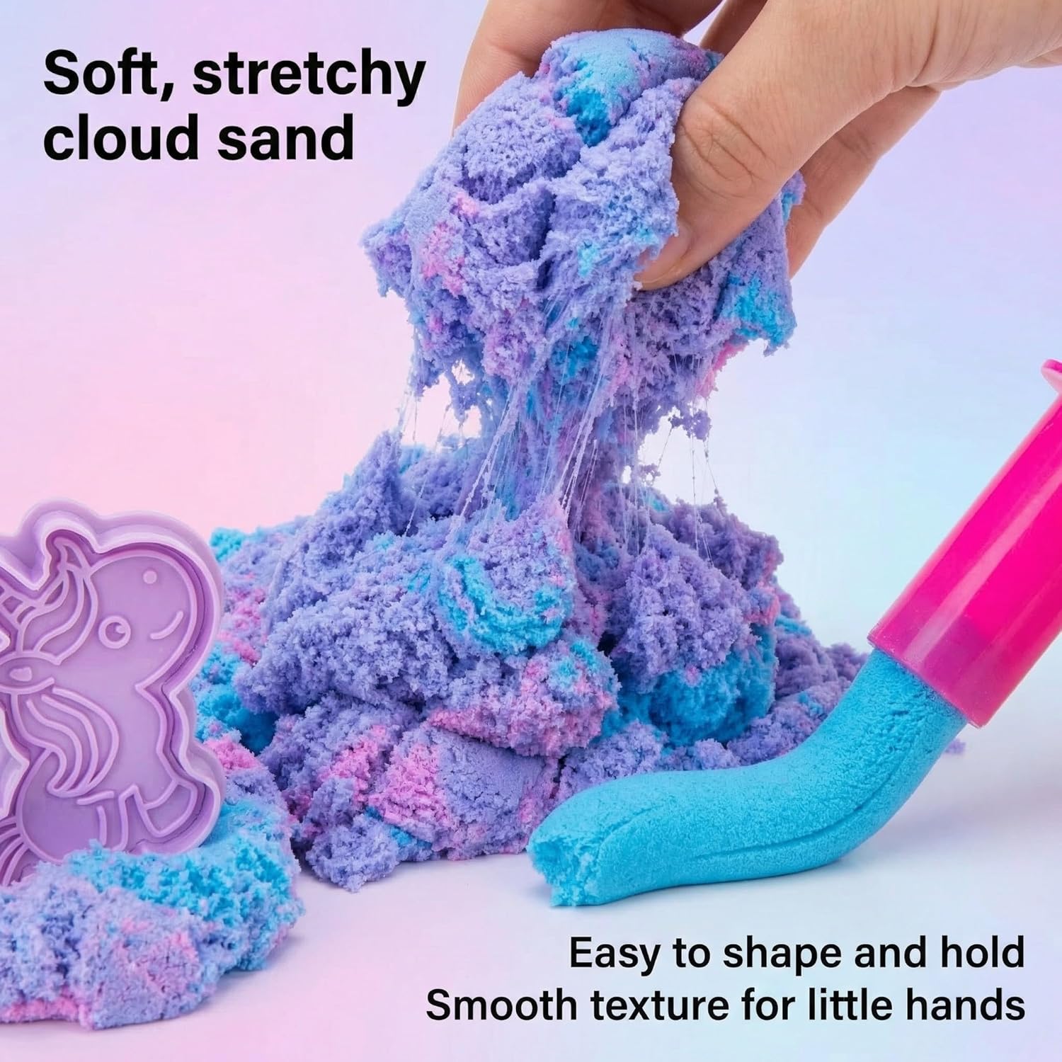 Carolart Unicorn Stretchy Cloud Sand,Blue & Pink Play Sand,Treasure Chest with Sensory Sand,Stretchable,Moldable,Expandable Cloud Slime,Tactile Fun Sensory Kit, Sensory Toys for Kids Ages 3+
