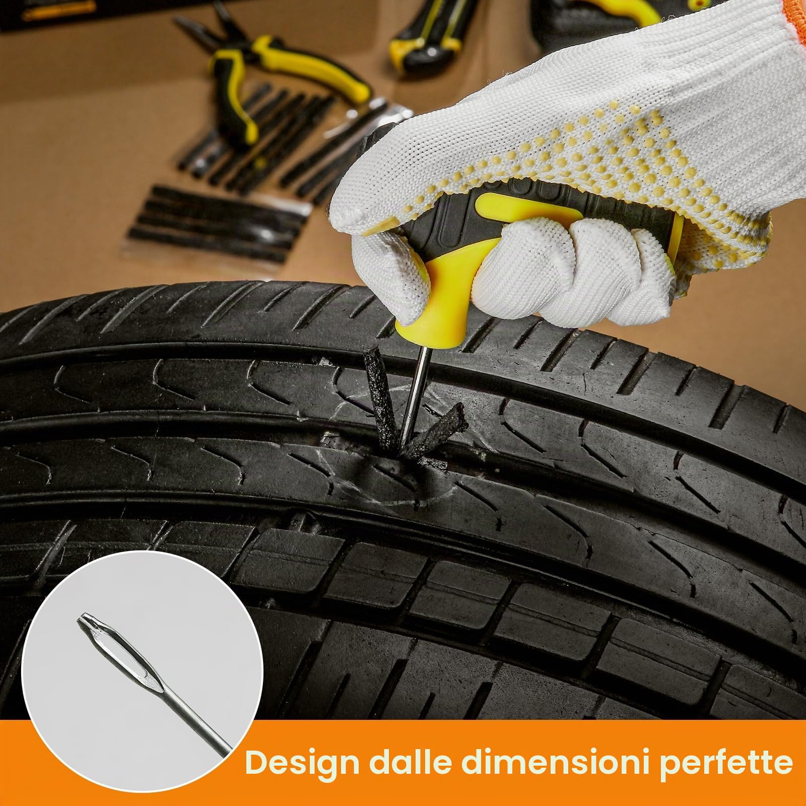 Kit di riparazione per pneumatici sgonfi - 27 pezzi - Kit di tappi per foratura e toppe con custodia, kit di toppe per pneumatici portatile con sigillante, ideale per auto, camion, moto, bici
