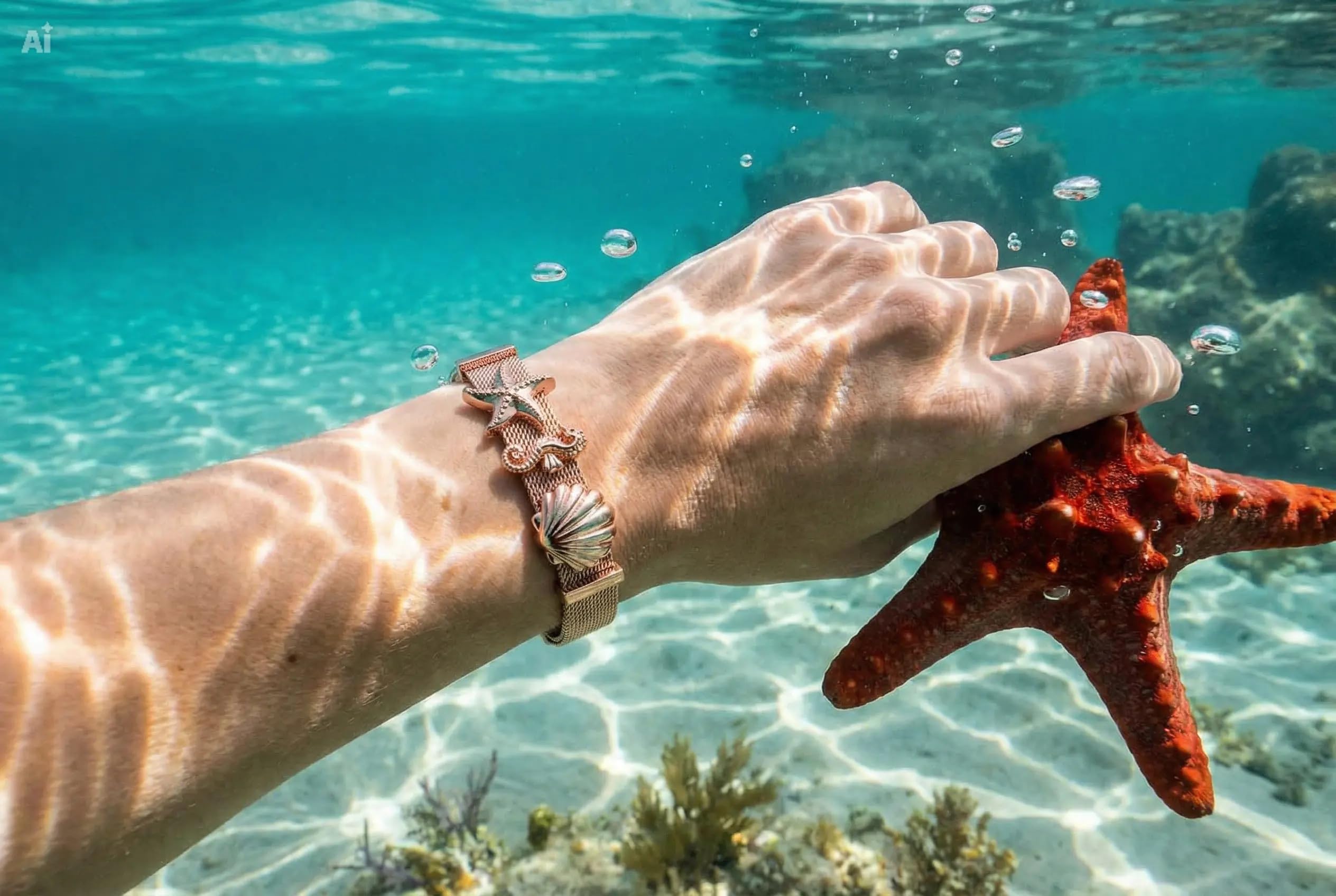 "Oceanlover juego de joyas | pulsera de encanto con tres encantos marítimos - concha, estrella de mar, caballito de mar | disponible en plata, oro, oro rosa | color: oro rosa