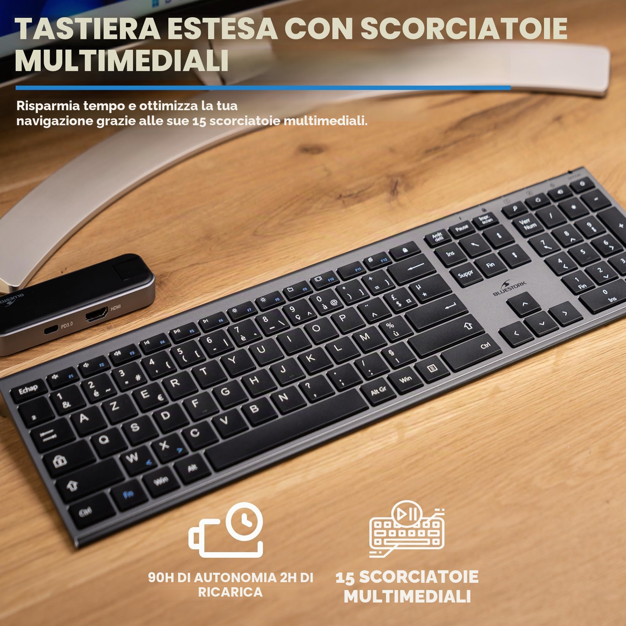 BlueElement - Set Tastiera e Mouse Wireless Grafica Smart Dongle AZERTY FR | Wireless Smart Dongle, Clic Silenziosi, Design Ultra Sottile, Ergonomico, Ricaricabile, Nero, Compatibile PC