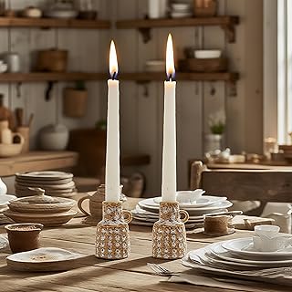 Ceramic Taper Candle Holder Decoration - Set of 2 Candlesticks with Handle Boho Style Candle Burning Display Holder for Coffee Table Centrepiece Living Room Farmhouse Vintage Tabletop Decor Cynkeyee