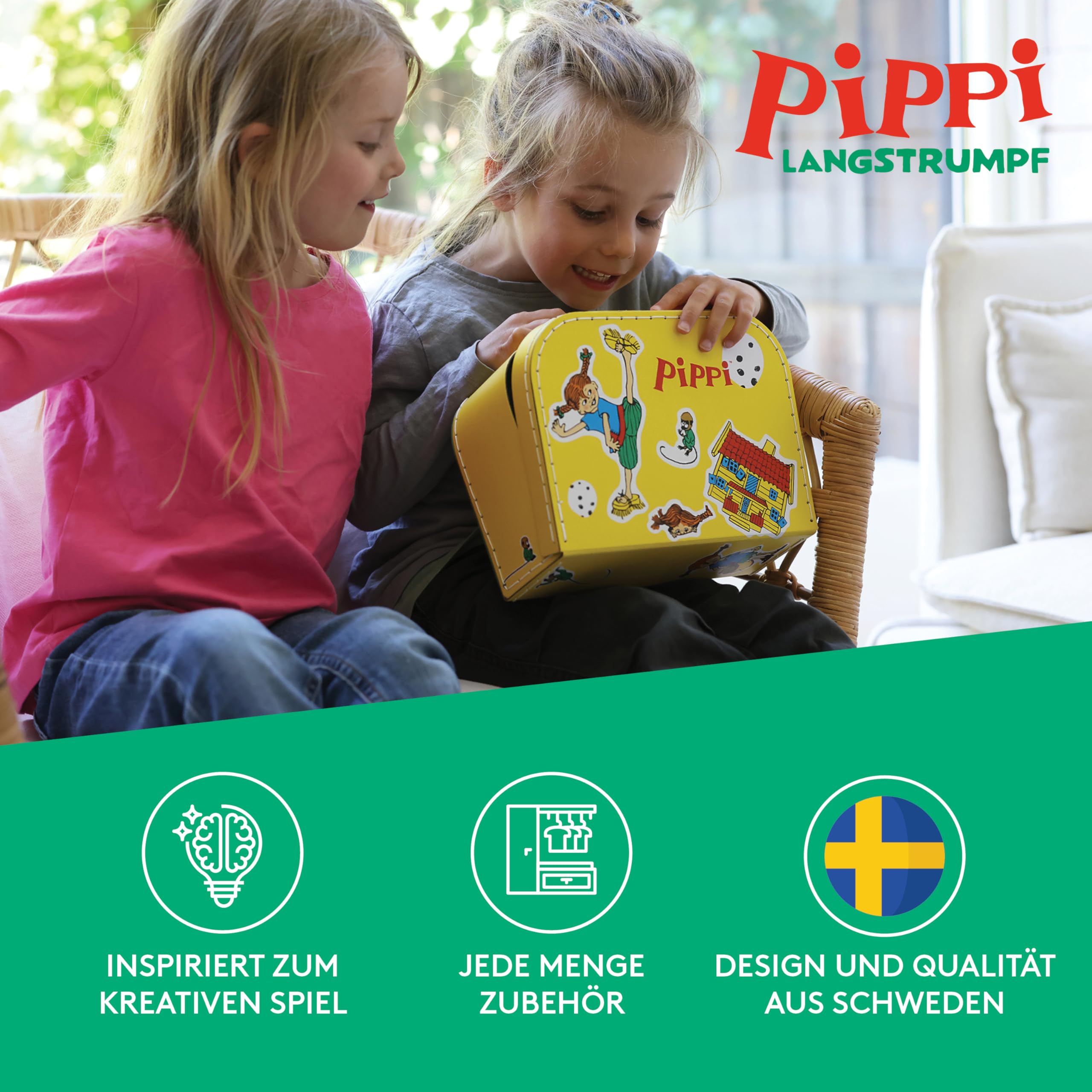 Pippi Langstrumpf Pippi Pappkoffer Gelb 25 cm – Kinderkoffer mit Illustrationen perfekt für Spiel und Abenteuer