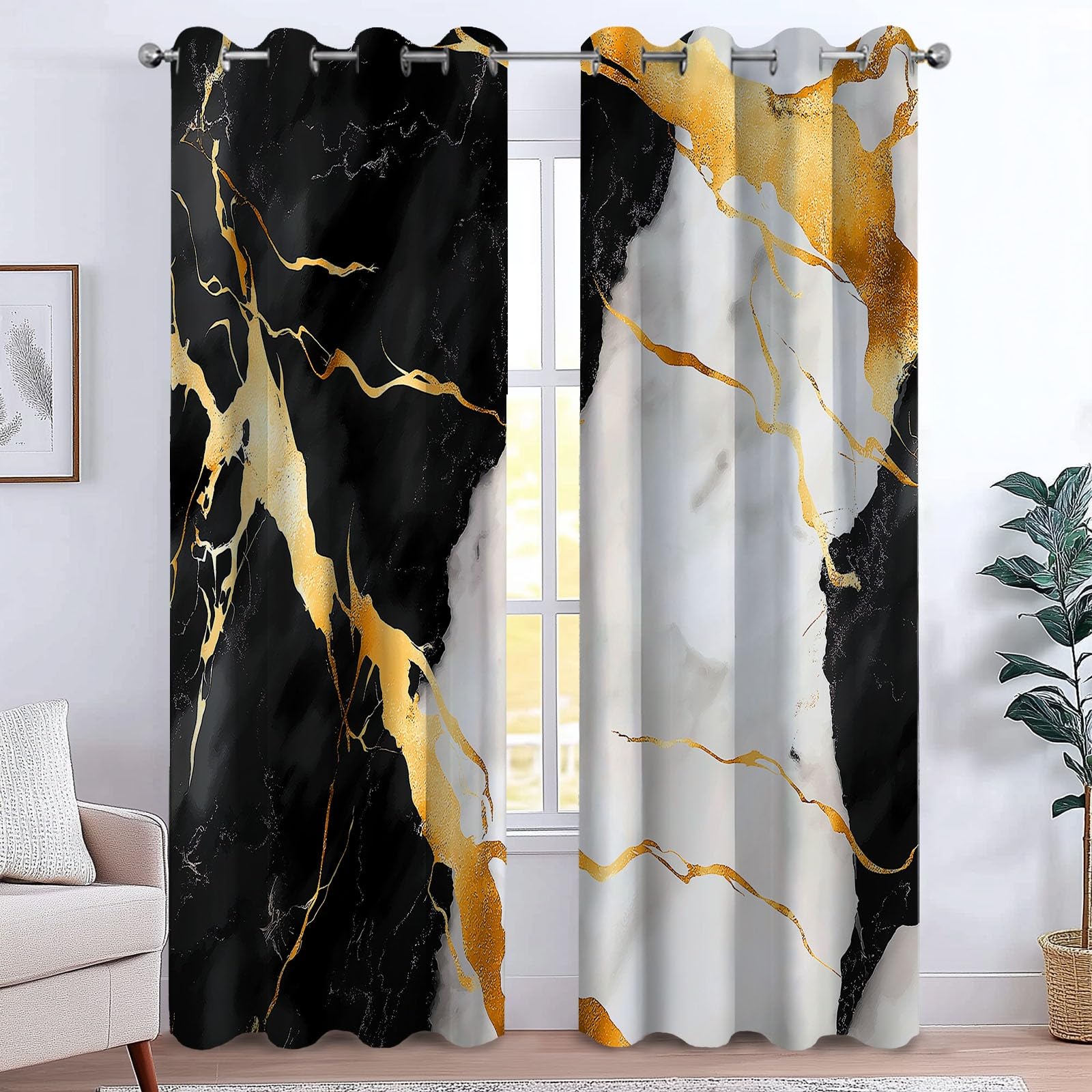 CozyRest Blackout Curtains Black And White Marble Pattern for Bedroom Living Room, Curtains Eyelet Thermal Insulated, Ring Top Room Darkening Window Drapes, 46 x 90 inch 2 Panels