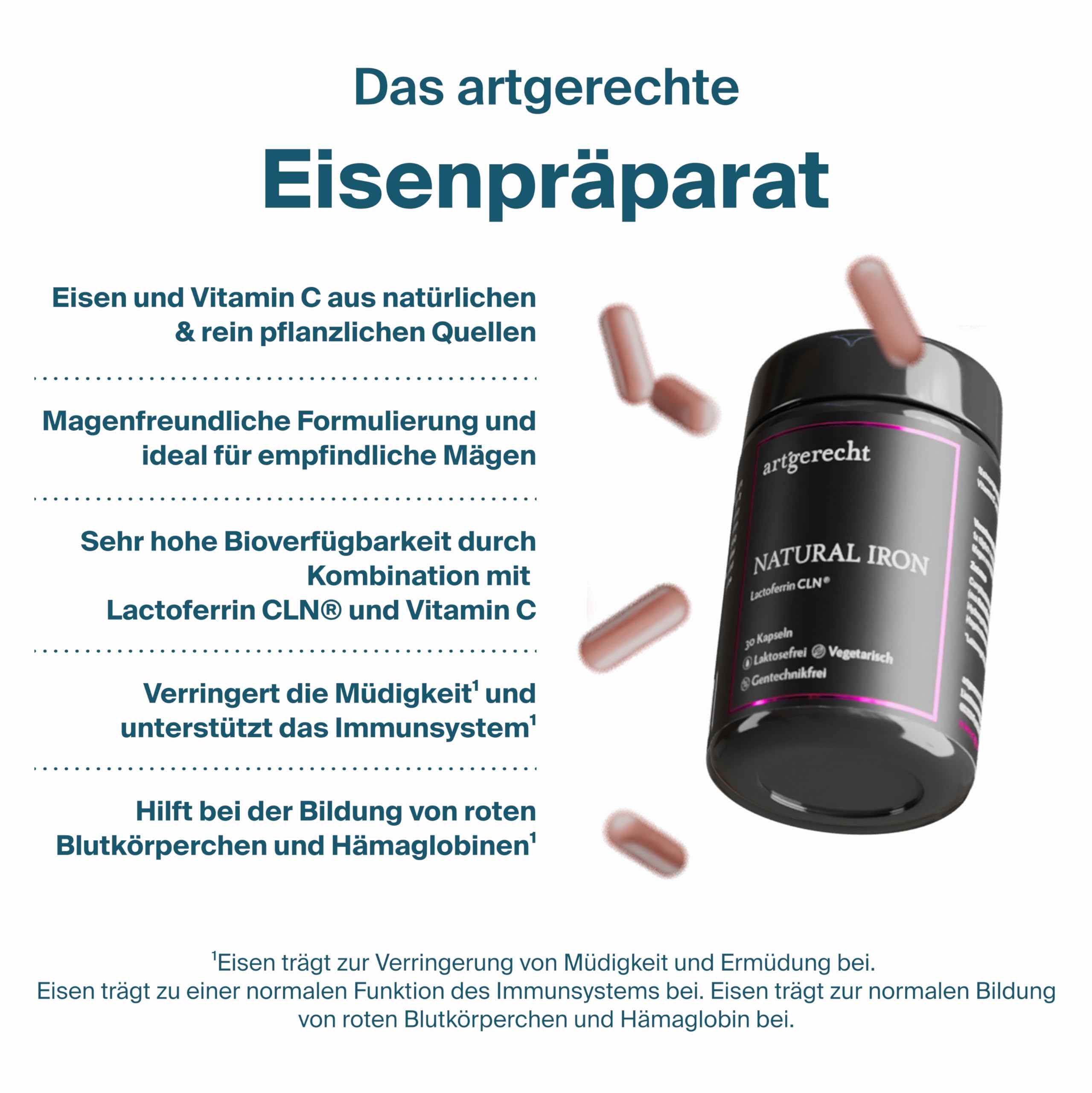 Natürliches Eisen mit Lactoferrin CLN® & Vitamin C | 30 Kapseln | optimale Eisenaufnahme & gute Verträglichkeit | Eisenpräparat bei Eisenmangel | Ohne künstliche Zusätze | NATURAL IRON