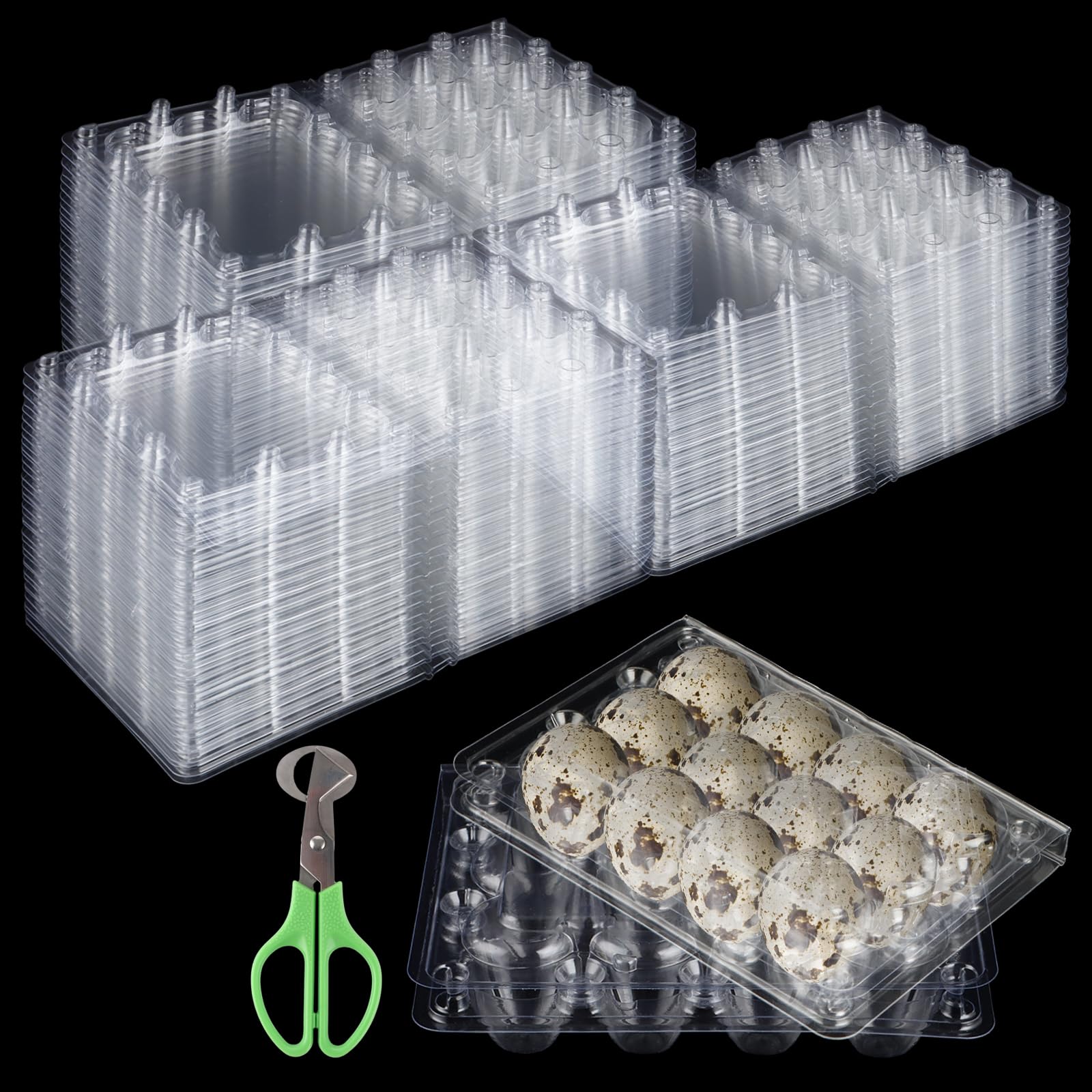 Boîte à Œufs de Caille - 150 Pièces, Boîte Œuf PVC Transparent 12 Alvéoles (3x4), Rangement Empilable pour Œufs de Caille, Pigeon, Faisan + Coupe-Œuf Inox