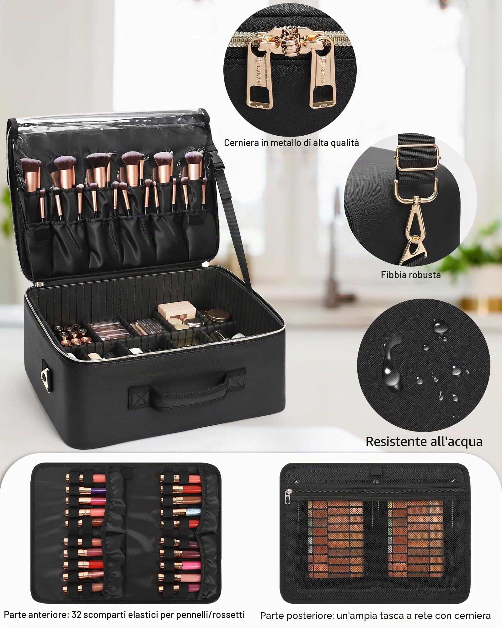 Beauty case extra large, custodia professionale per truccatori, organizer da viaggio con 4 piccoli scomparti e piattino per pennelli/rossetti, divisori regolabili