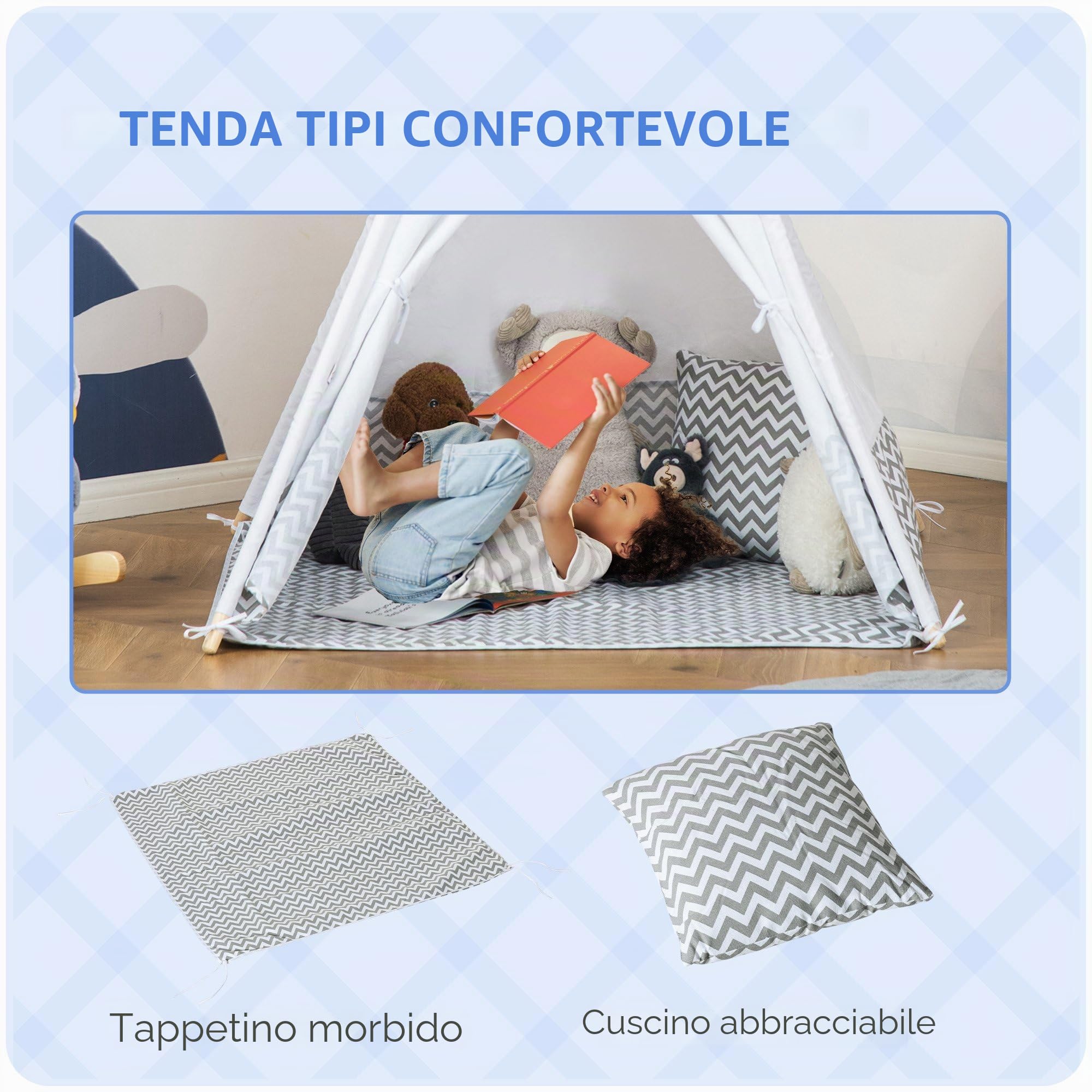HOMCOM Tipi indiano tenda da gioco 1.2L x 1.2W x 1.55H m Grigio Bianco