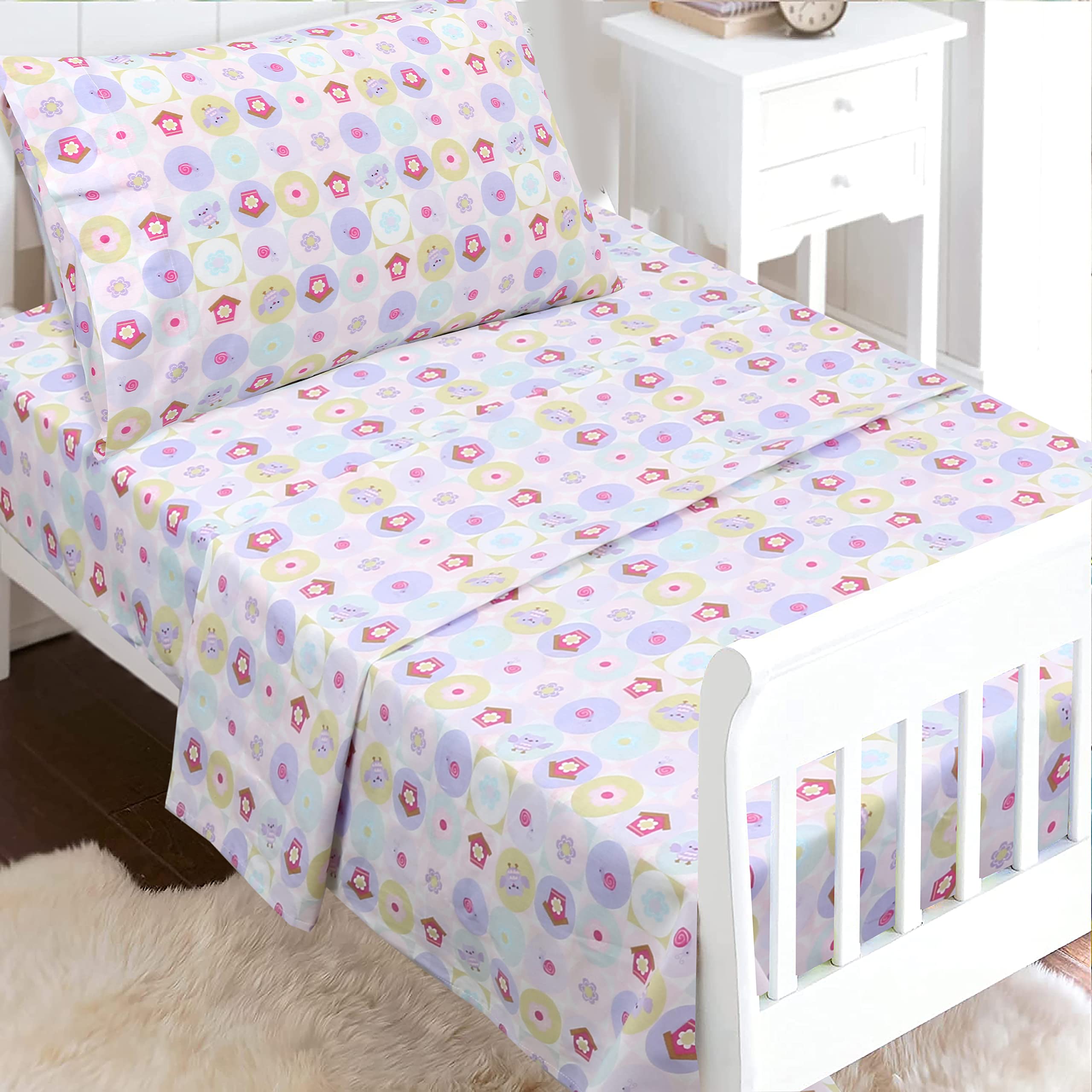 Cozy Line Home Fashions 100 Cotton 3 Piece Toddler Sheet Set, Soft Breathable Crib Bedding Set for Girls Includes a Flat Sheet, a Fitted Sheet, a Pillowcase, Spring Floral Bloom Geometric Garden Pink