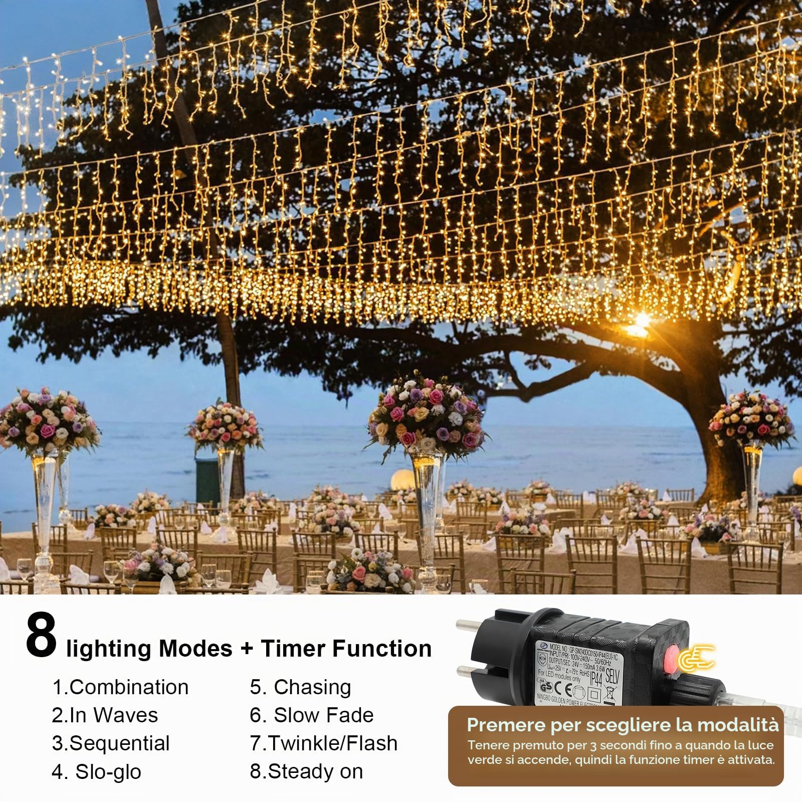 Catena Di Luci Esterna A Gocce Di Ghiaccio 400 LED Illuminazione Di Natale Tenda Di Luci Esterna Con 8 Modalità Timer Per Natale, Matrimonio, Halloween, Bianco Caldo
